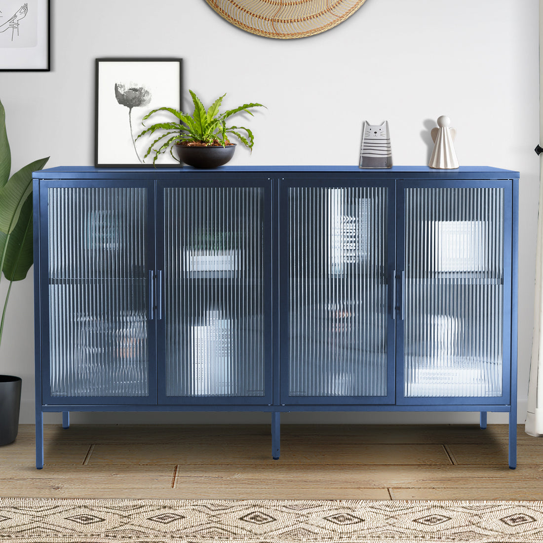 Stylish 4 Door Tempered Glass Cabinet With 4 Glass Doors Adjustable Shelf And Feet Anti Tip Dust Free Fluted Glass Kitchen Credenza Blue Blue Tempered Glass Sheet Metal Plastic