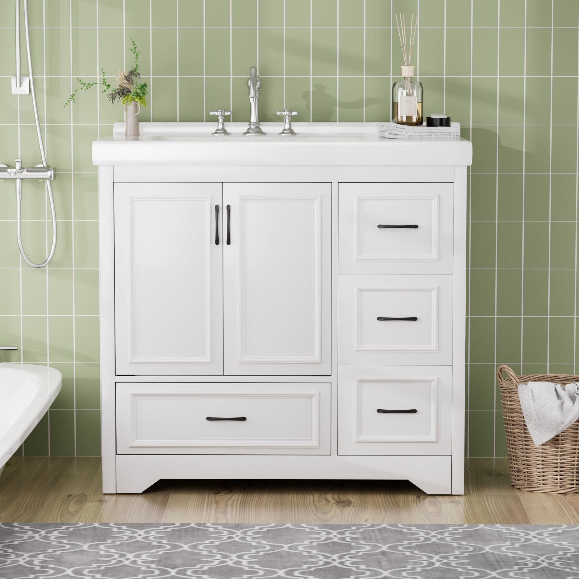 Cabinet Without Basin, 36 Inch Bathroom Cabinet, Bathroom Sink Cabinet With 2 Closing Doors And 4 Drawers. White Color, 35.8''W X 19.7''D X 35.4''H.Cabinet Only White Particle Board Mdf