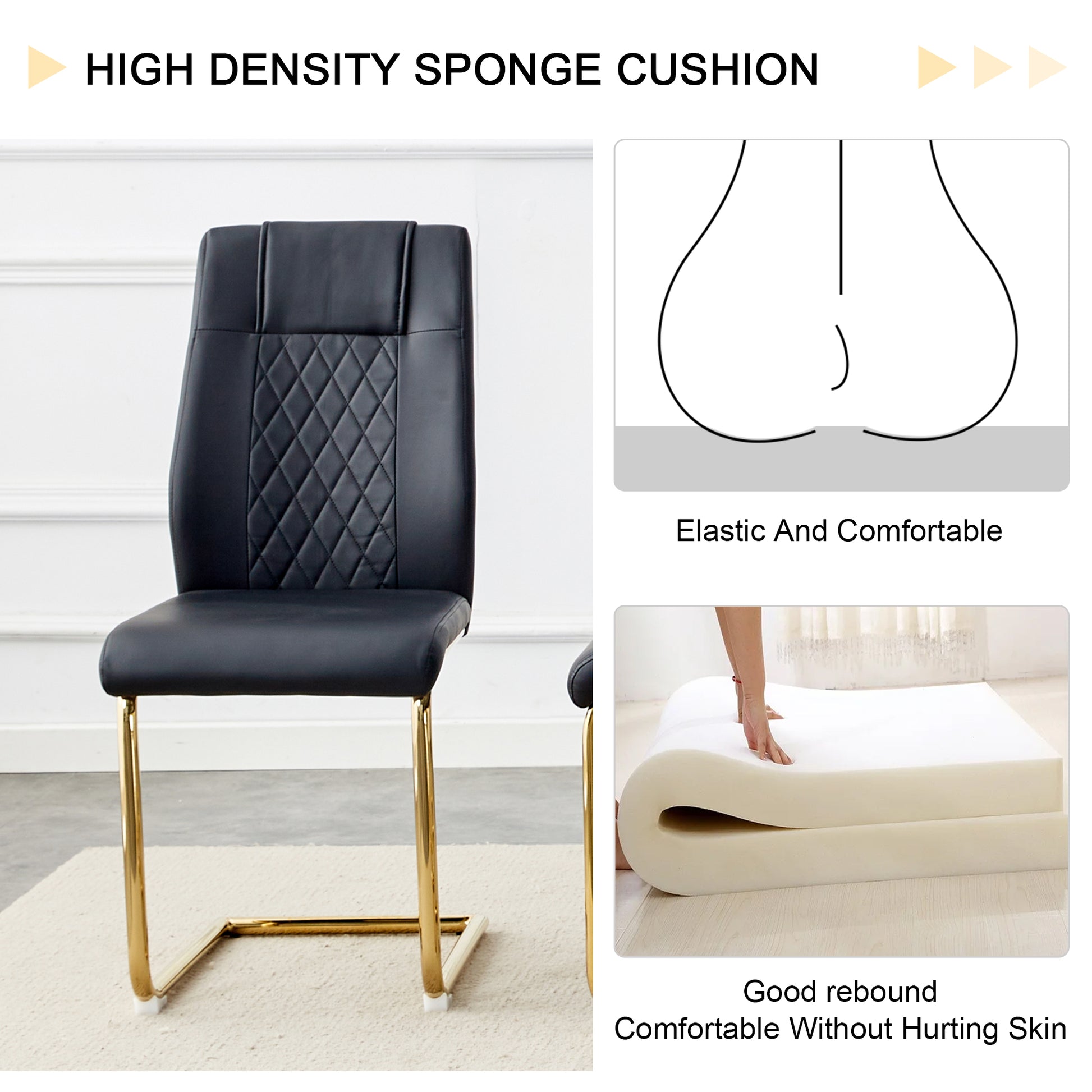 Table And Chair Set.Large Modern Rectangular Table With 0.4 Inch Patterned Glass Tabletop And Large Mdf Table Legs.Comes With 6 Chairs With Faux Leather Cushioned Seats And Golden Metal Legs. Gold White Seats 6 Mdf Glass