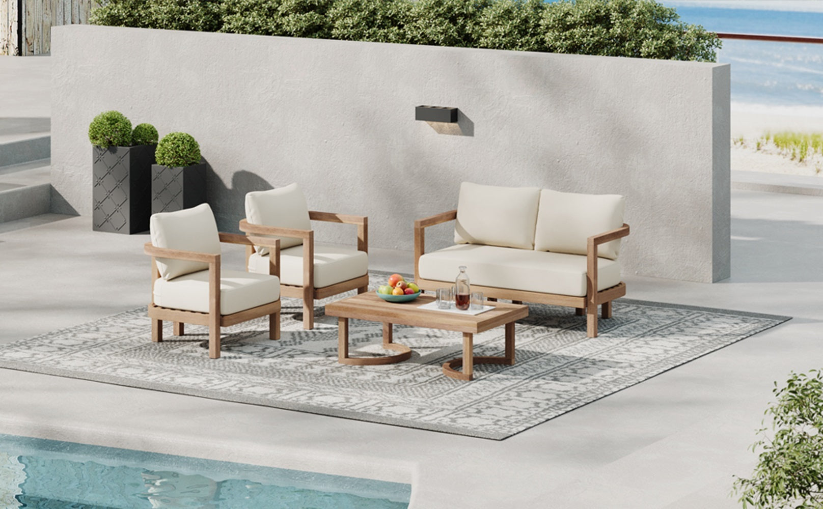 4 Pieces Acacia Wood Patio Furniture Set, Outdoor Furniture With Coffee Table, Patio Conversation Set Deep Seating With Soft Cushion, Porch Chairs For Garden, Backyard Porch Balcony, Brown Wash, Beige Yes Brown Beige Seats 4 Garden & Outdoor Sectional