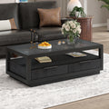 Modern Wood Coffee Table With 2 Drawers ,Minimalist Display Coffee Table With Transparent Tempered Glass, Open Storage Shelf For Living Room Black Solid Wood Mdf