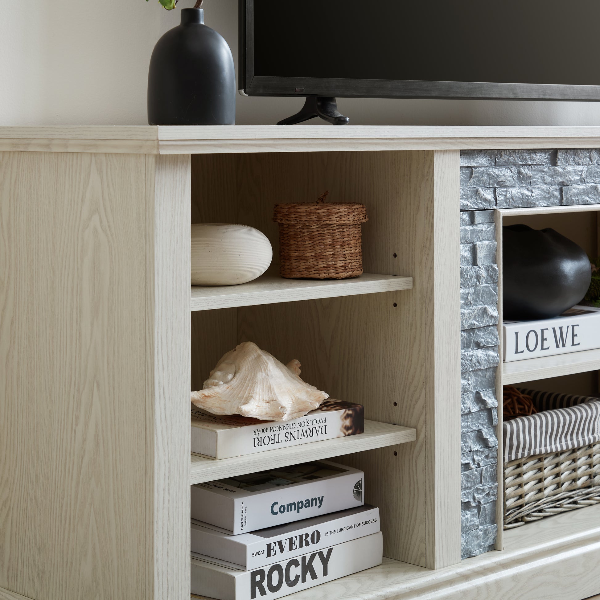 Large Tv Desk Storage Rack With Faux Stacked Stone Surround,Media Console Table With Large Storage Cabinet,Modern Tv Media Entertaionment Stand,White, 70.12"W*15.35"D*25.83"H White 70 79 Inches Mdf