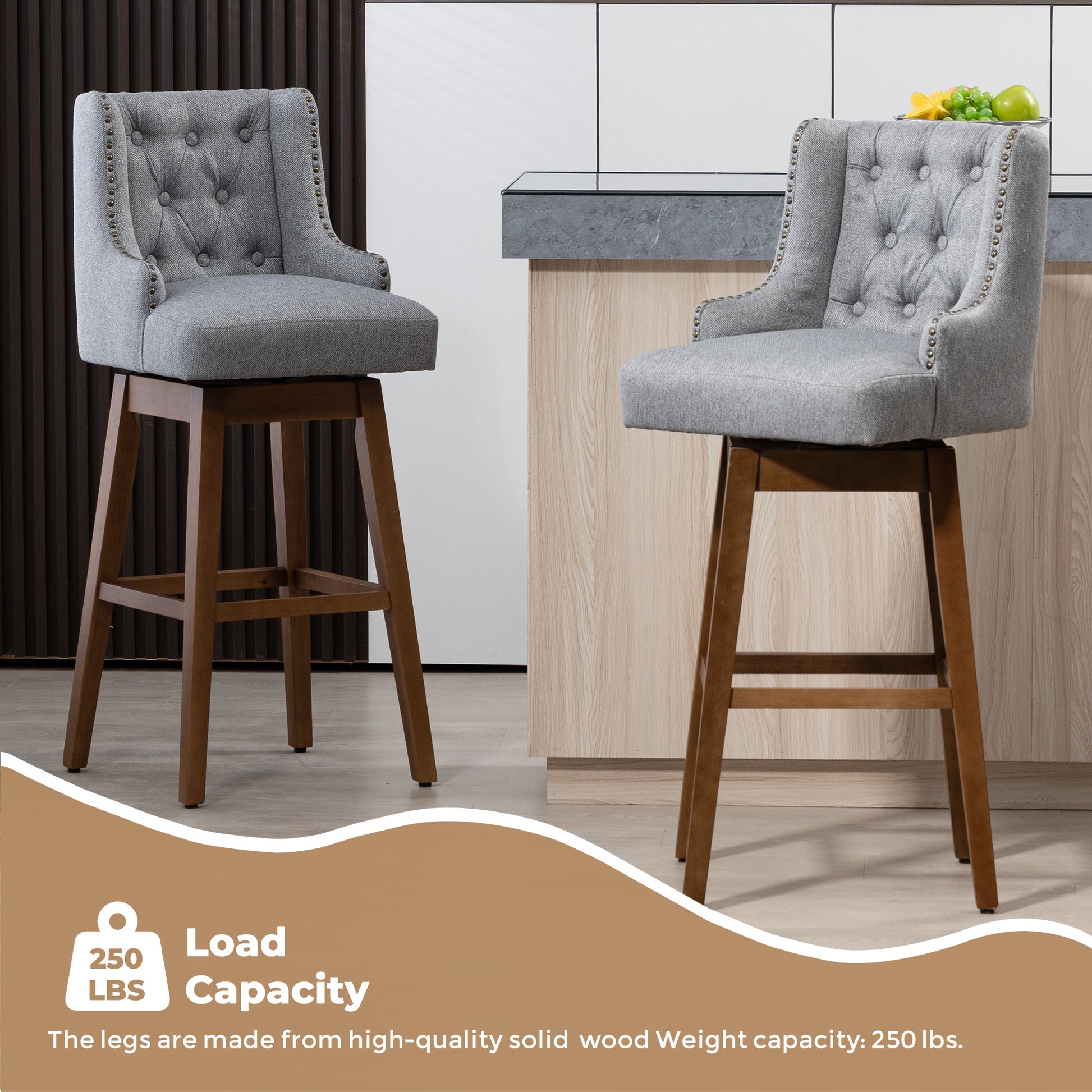 Coolmore Bar Stools Set Of 2 Counter Height Chairs With Footrest For Kitchen, Dining Room And 360 Degree Solid Wood Legs Swivel Bar Stools Set Of 2 Gary Linen Gray Foam Linen