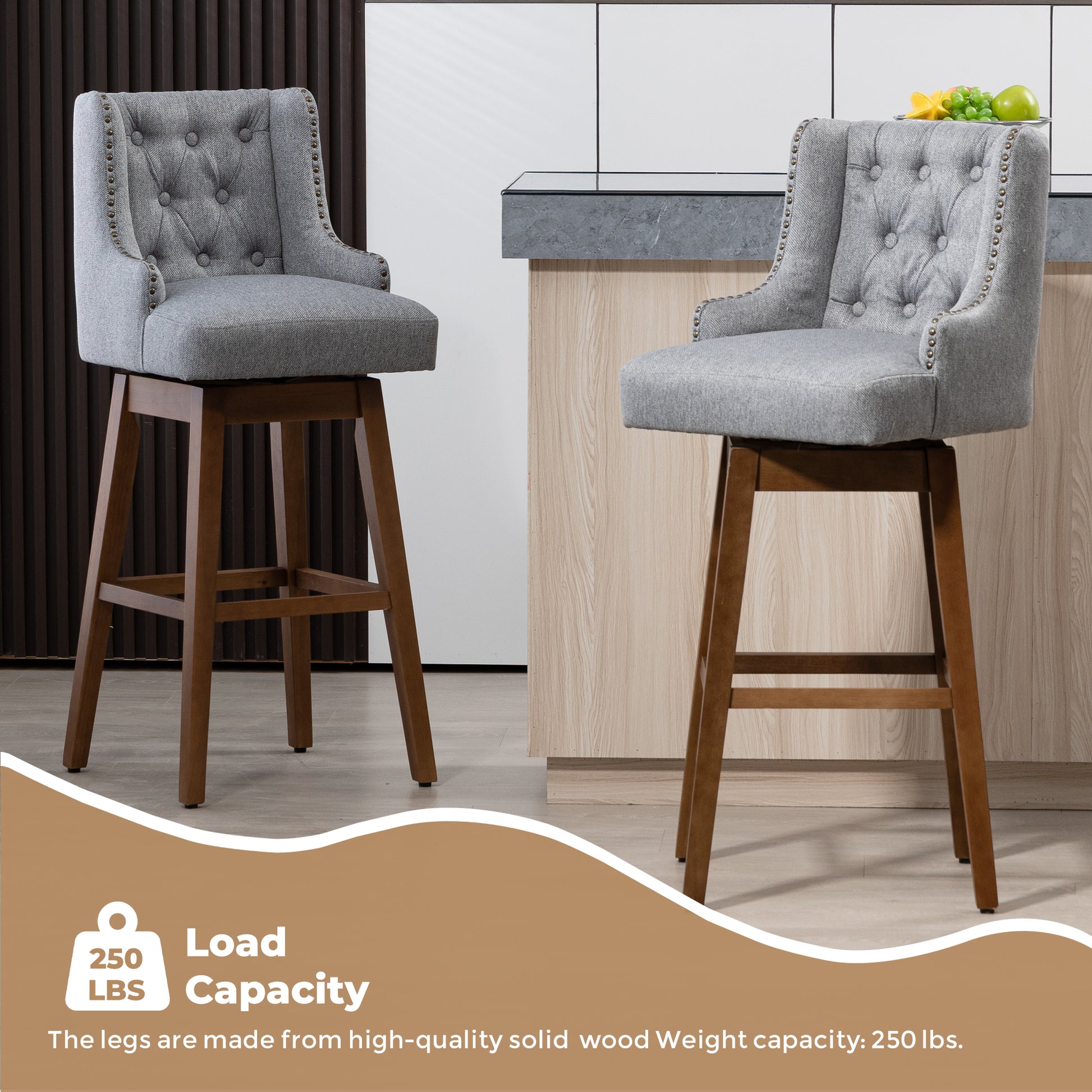 Coolmore Bar Stools Set Of 2 Counter Height Chairs With Footrest For Kitchen, Dining Room And 360 Degree Solid Wood Legs Swivel Bar Stools Set Of 2 Gray Linen Gray Foam Linen