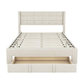 Queen Size Upholstered Platform Bed With A Big Drawer, Beige Box Spring Not Required Queen Beige Wood Bedroom Bed Frame Polyester Upholstered