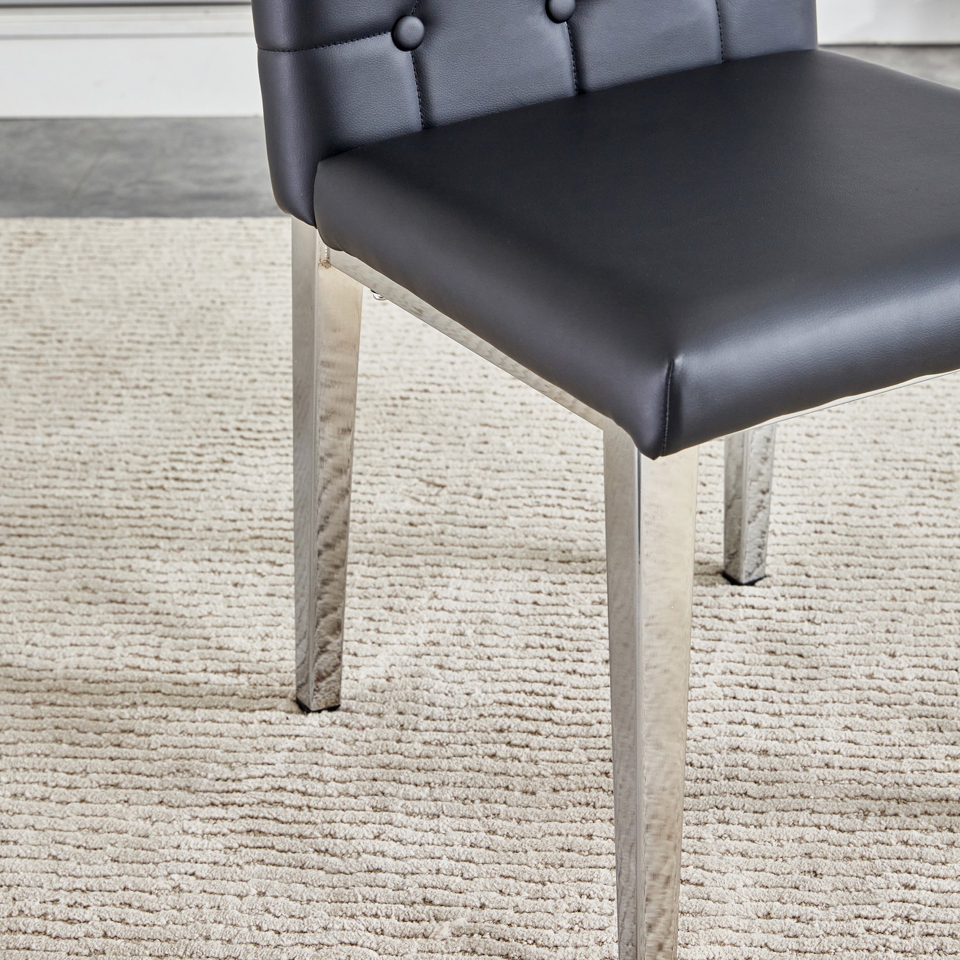 Table And Chair Set, Modern Dining Table, Tempered Glass Tabletop And Silver Colored Leg Table, Soft And Comfortable Dining Chair, Perfect For Dinner, Meetings, Home And Office Decor Black Glass