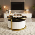 Modern Round Nesting Coffee Table Fluted With Drawer In Black & Gold In 31.5'' Golden Black Drawers Coffee & End Tables Glossy Round Metal Mdf Pedestal