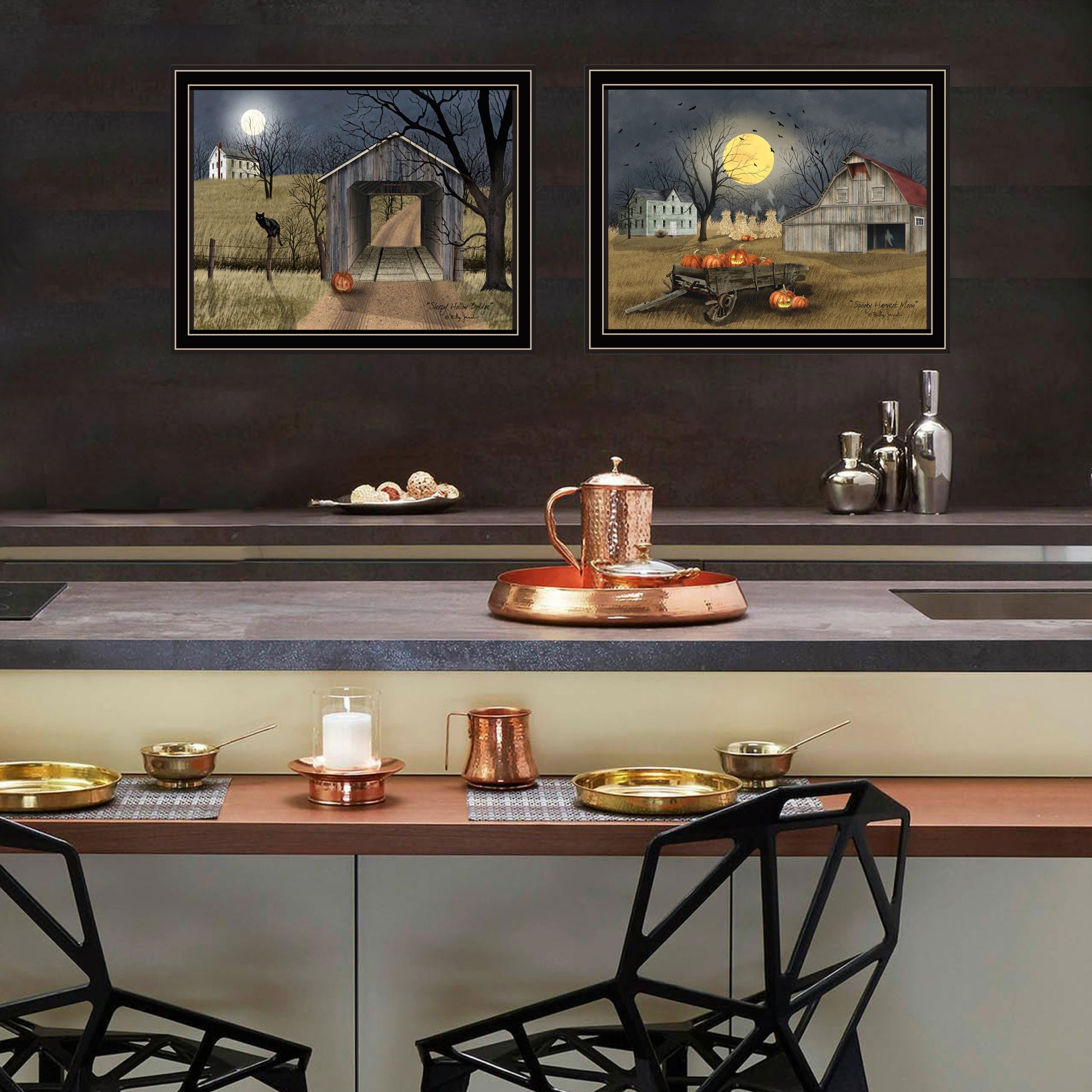 2 Piece Vignette Halloween Season In The Country Black Framed Wall Art For Living Room, Bedroom Wall Art Print For Home Decor By Billy Jacobs Multicolor Wood Paper