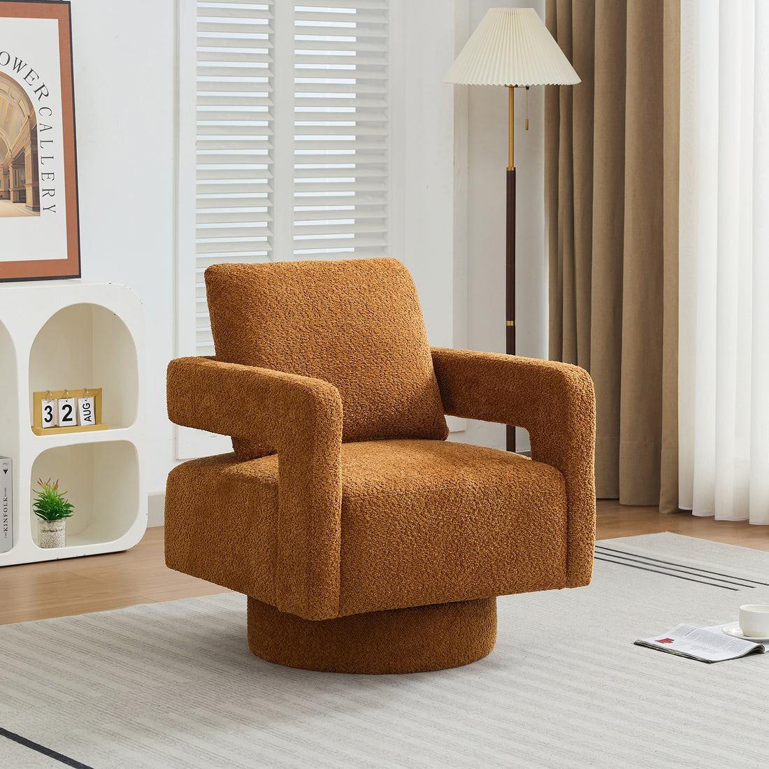 29.13" W Square Swivel Accent Chair, Modern Rotating Arm Chair With Open Back,360 Degree Rotation, Lounge Club Chair With Removable Back Cushion For Living Room, Hotel, Bed Room,Caramel Caramel