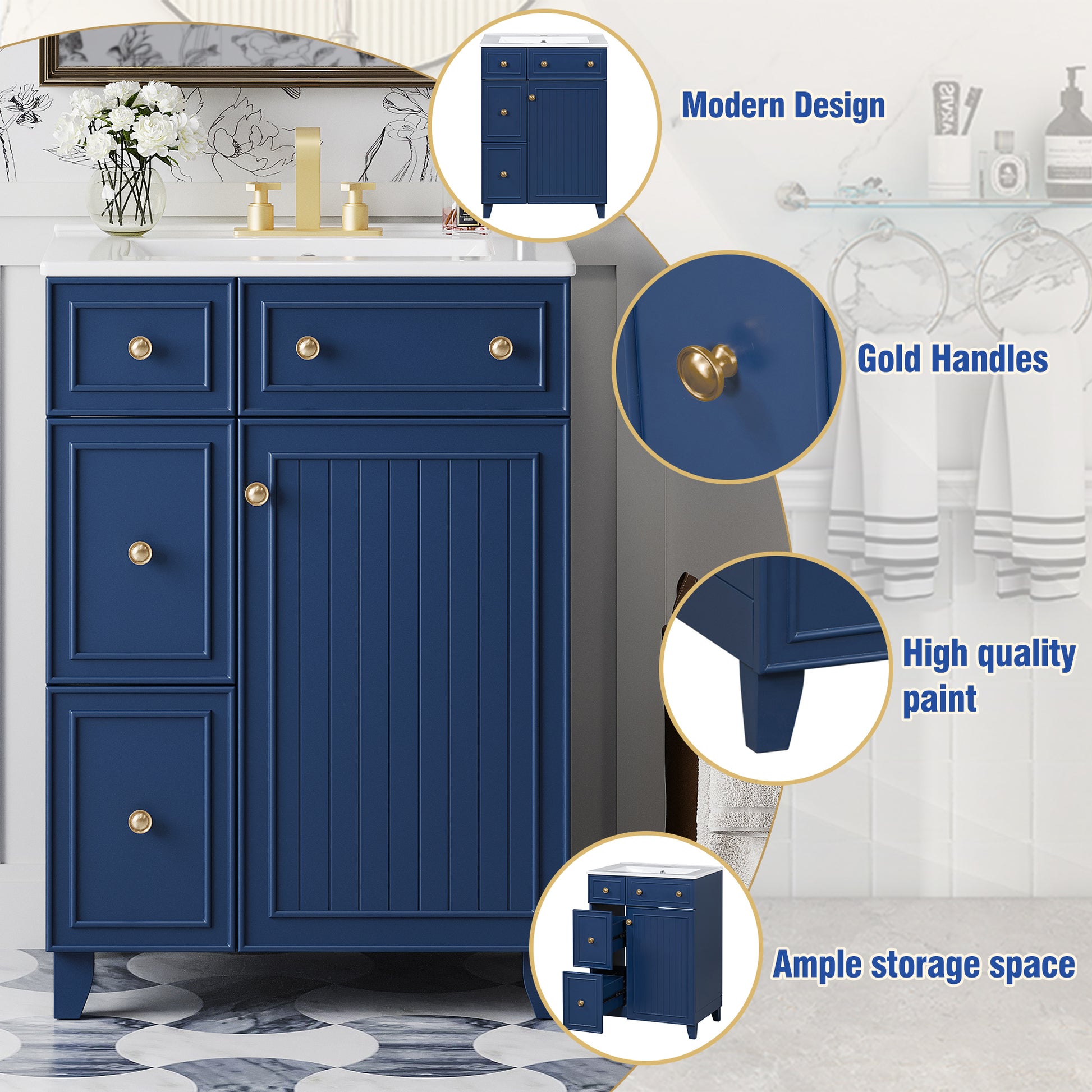 24 Inch Bathroom Vanity Cabinet With Ceramic Sink, 2 Drawers, 1 Door Blue Bathroom Solid Wood Mdf