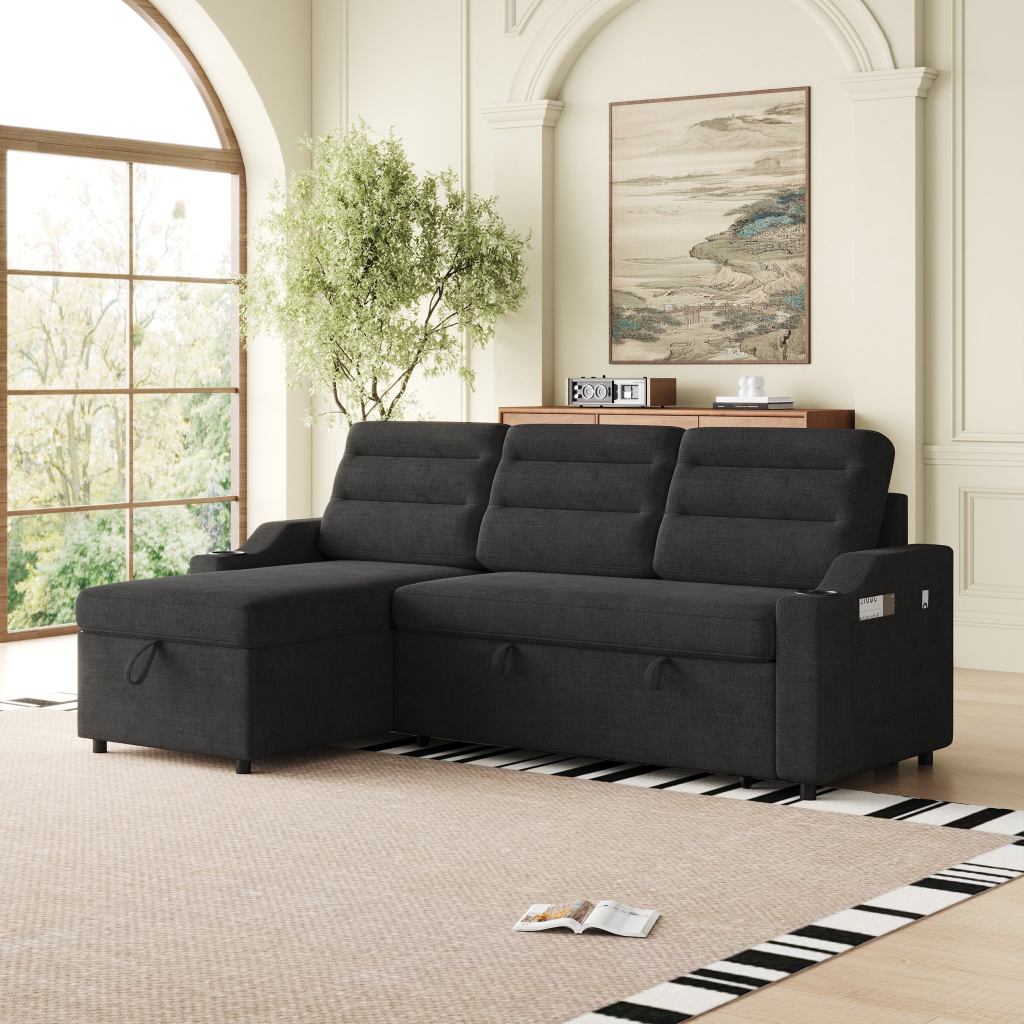 Mh83.5" Convertible Sleeper Combo Sofa, Convertible Sofa Bed Polyester Pullout Bed With Storage Recliner And Cup Holder For Living Room, Tight Spaces Black Polyester Wood Primary Living Space Pine Polyester Fabric 3 Seat