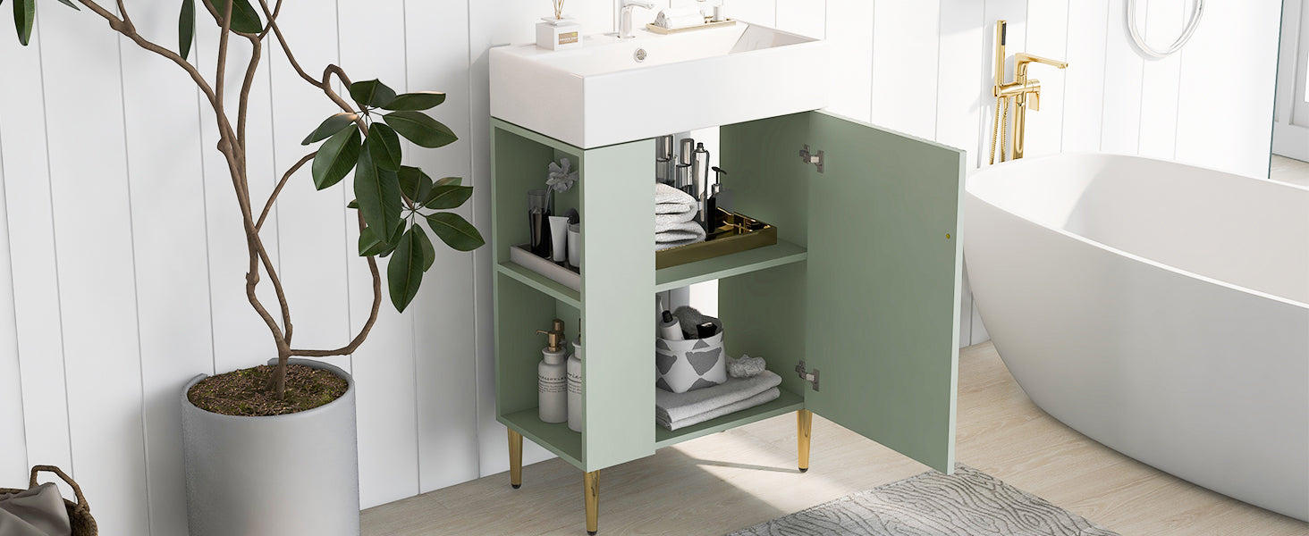 21.6" Green Bathroom Vanity, Combo Cabinet, Bathroom Storage Cabinet, Single Ceramic Sink, Left Side Storage Green Bathroom Ceramic Mdf