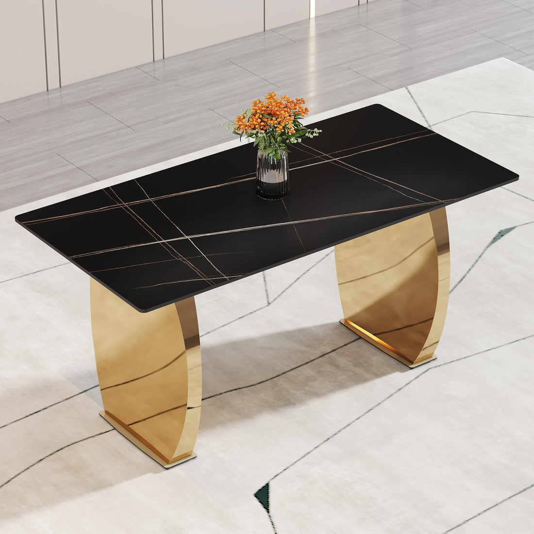 Modern Rectangular Table With 0.4 Inch Black Patterned Tabletop And Gold Legs, Suitable For Kitchen, Dining Room, And Living Room 63 Inches * 31.4 Inches * 30 Inches Gold Sintered Stone
