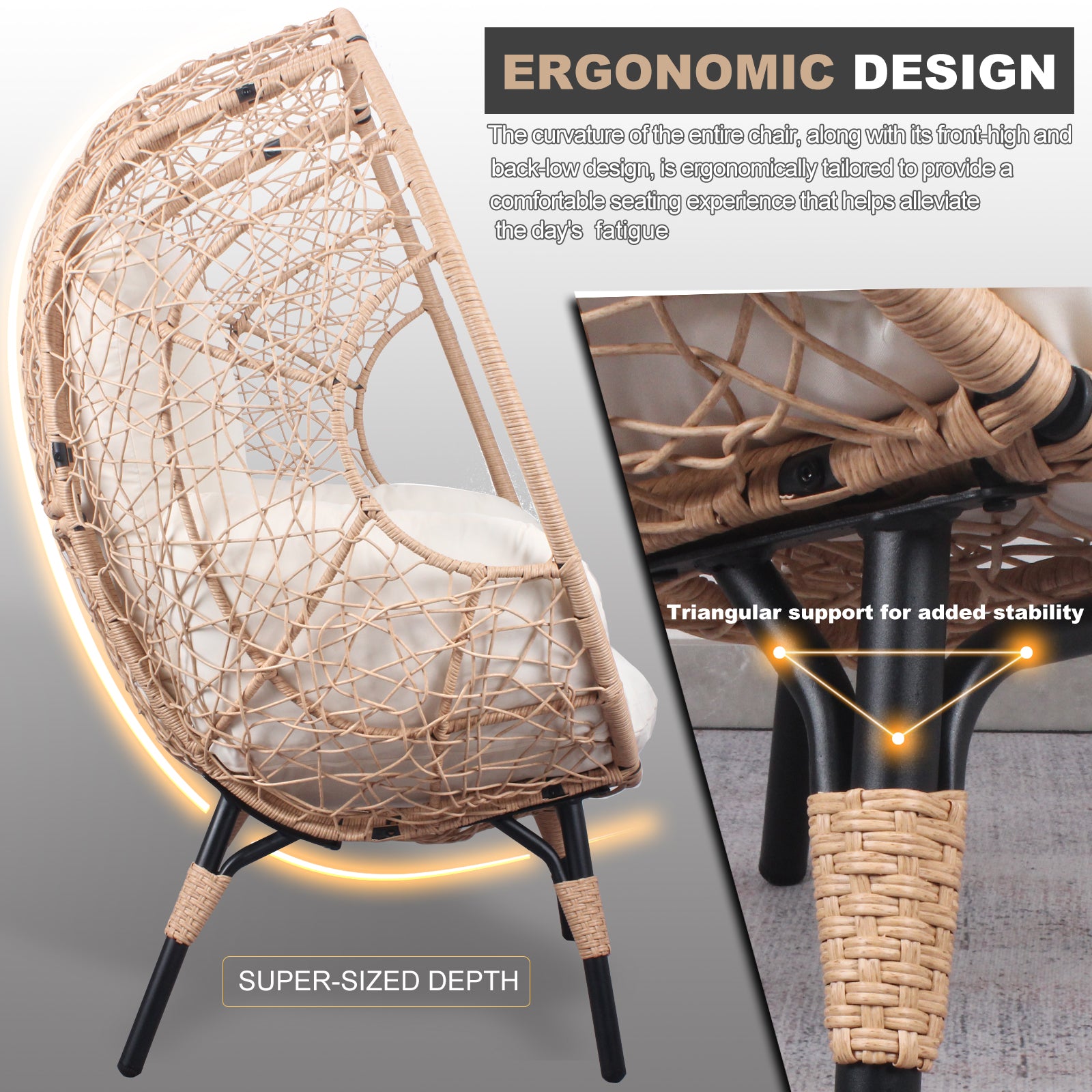 Patio Pe Wicker Egg Chair Model 3 With Natural Color Rattan Beige Cushion And Side Table Yes Natural Foam Steel