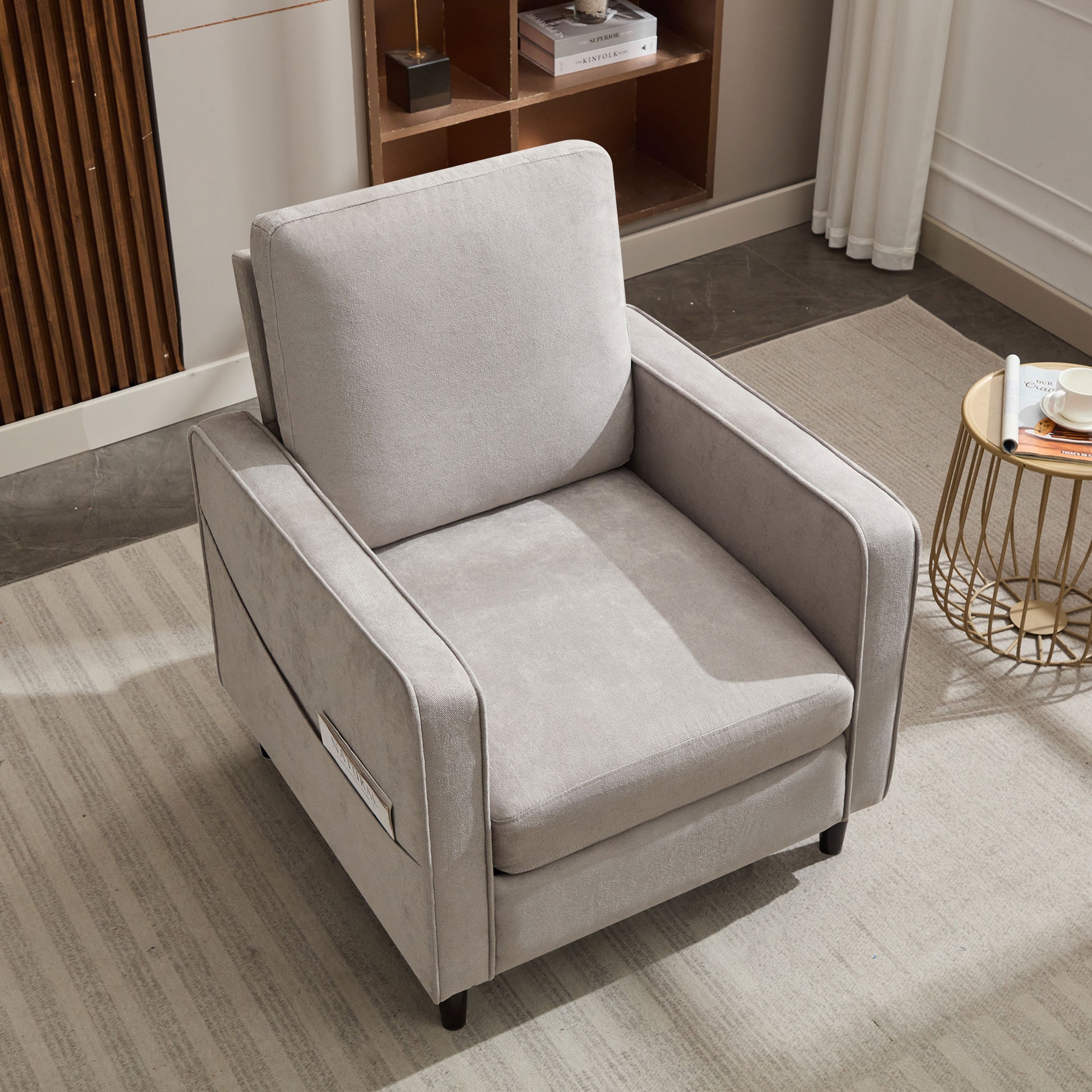 Mid Century Accent Chair ,Modern Linen Fabric Armchair For Living Room,Double Side Pockets, Comfortable And Padded Reading Feature Sofa Chair, Suitable For Bedrooms, Living Rooms, And Offices Light Gray Linen