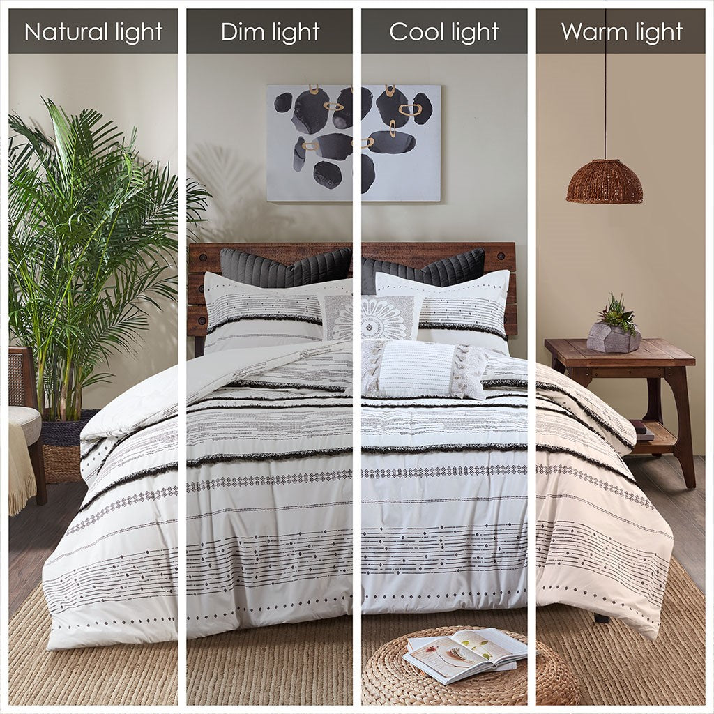 Cotton Printed Comforter Set With Trims Black White King Cal King King White Black Cotton