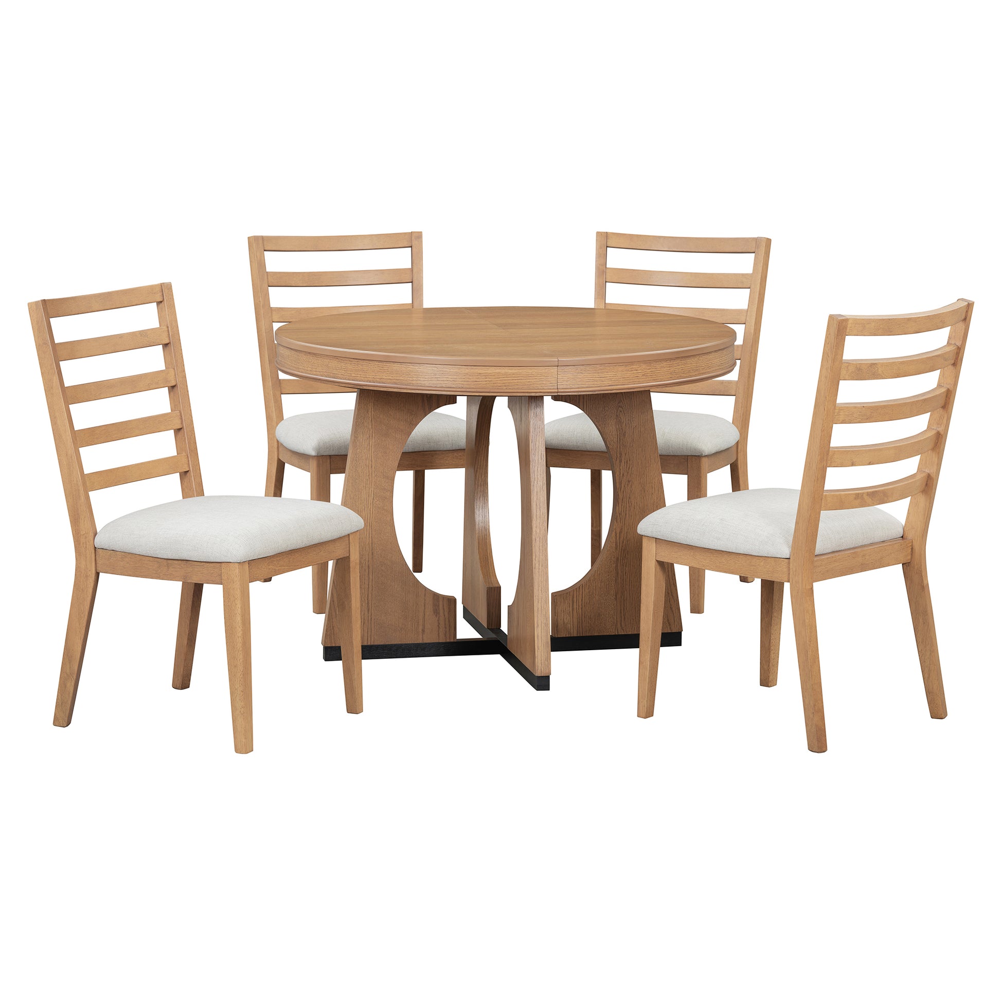 5 Piece Retro Rustic Functional Dining Set Unique Geometric Design, 1 Extendable Table With A 16 Inch Leaf And 4 Upholstered Chairs Ideal For Dining Room And Kitchen Natural Natural Solid Wood Mdf