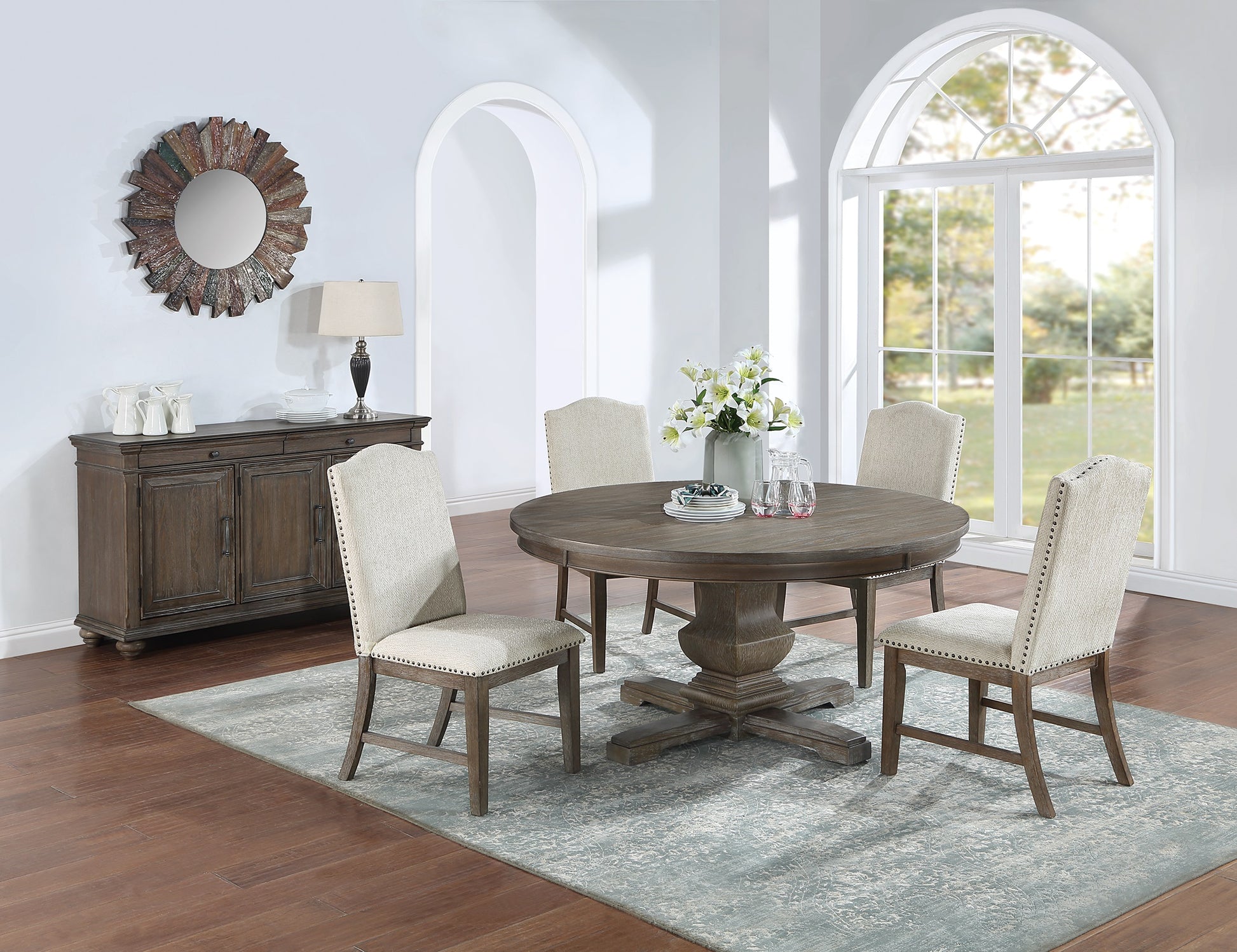 Traditional Formal 5Pc Dining Set Round Table 4X Side Chairs Pedestal Base Oak Finish Tabletrim Upholstered Cushion Dining Room Furniture Wood Dining Room Solid Wood Rubberwood Round Dining Table With Chair Upholstered Chair Wood Oak Seats 4 60 Inches