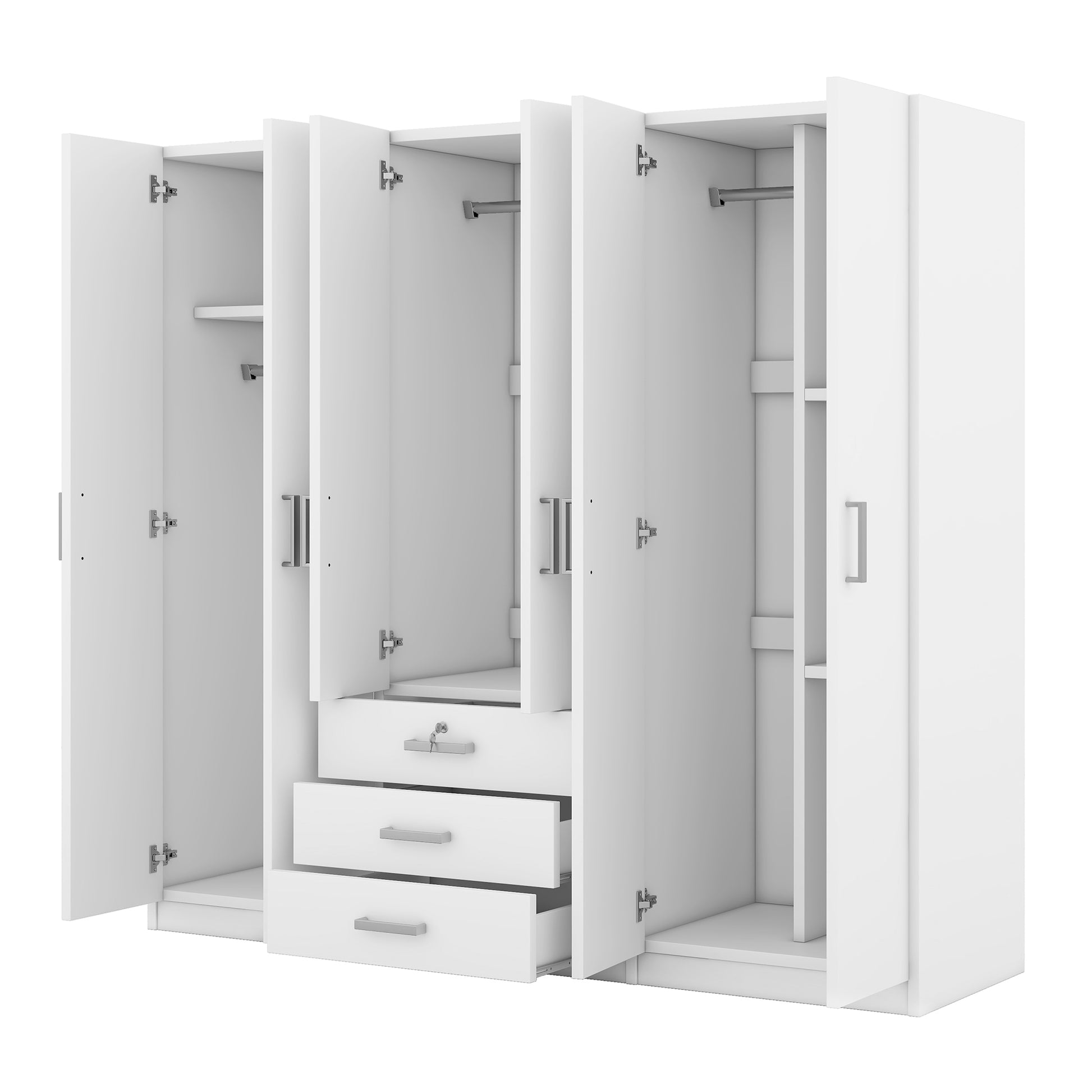 6 Doors Wooden Wardrobe Storage For Bedroom, With Big Drawers, White White Plywood