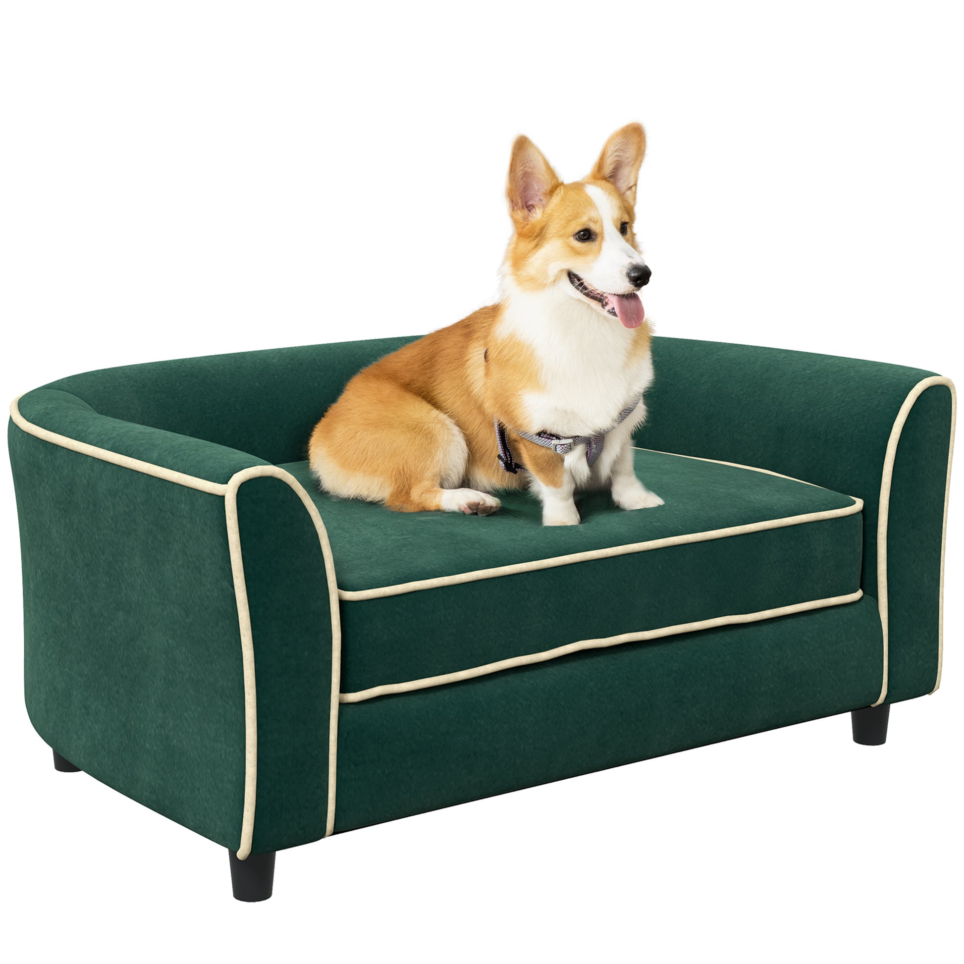 Pawhut Dog Couch Fancy Pet Bed Modern Dog Sofa For Small And Medium Dogs Cats, With Soft Cushion, Washable And Removable Cover, Dark Green Dark Green Polyester