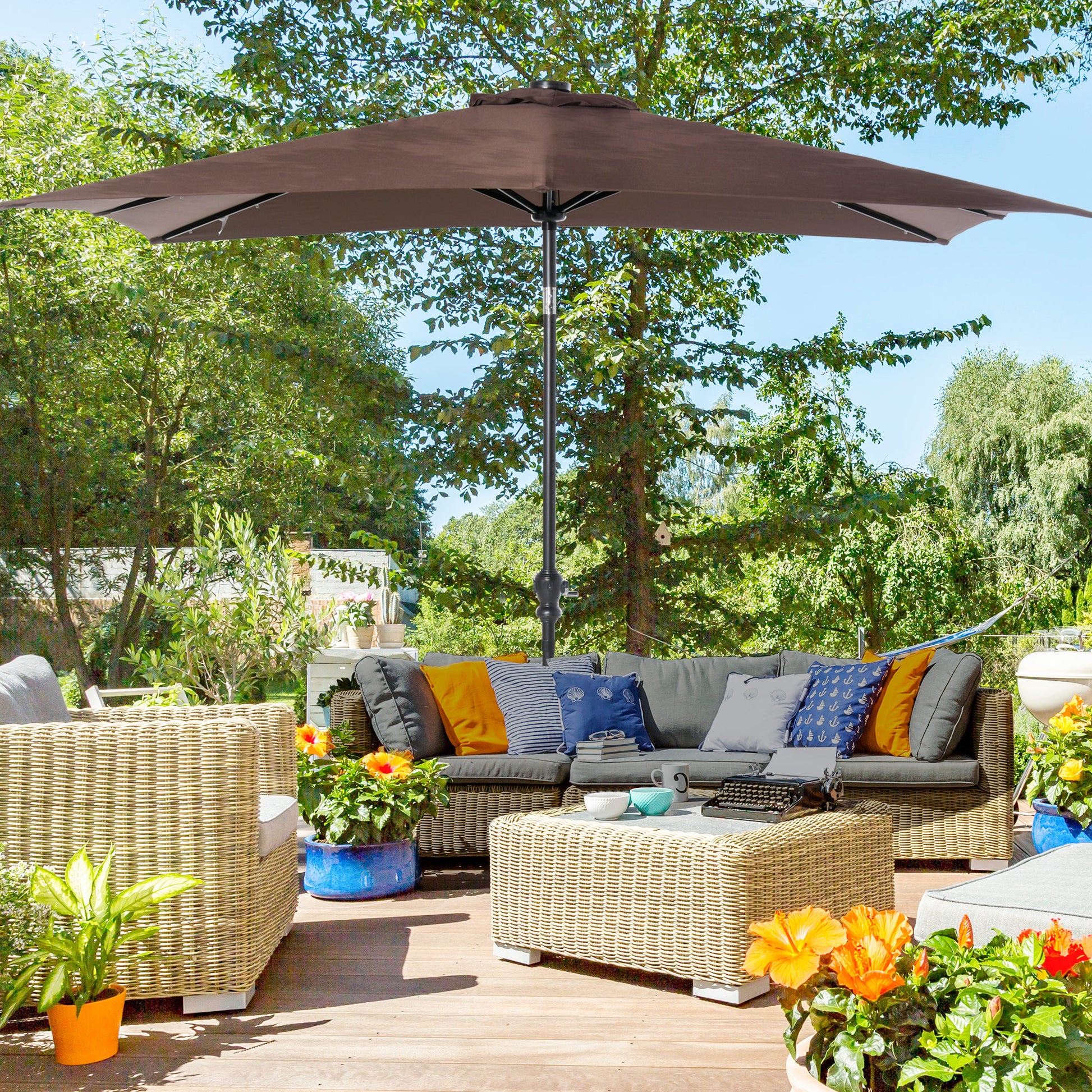 9 lighted patio umbrella Outsunny 9' X 7' Solar Umbrella, Led Lighted Patio Umbrella For Table Or Base With Tilt & Crank, Outdoor Umbrella For Garden, Deck, Backyard, Pool,