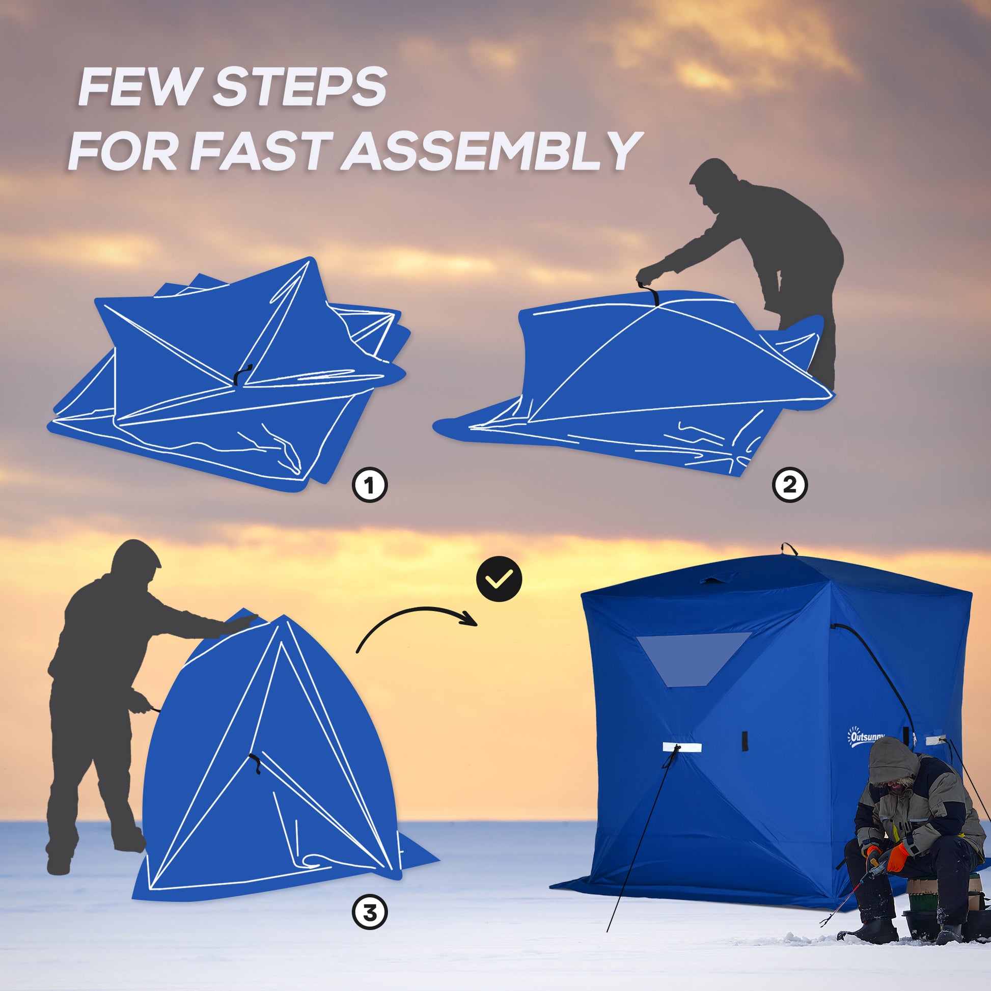 Outsunny 2 4 People Ice Fishing Shelter, Pop Up Portable Ice Fishing Tent With Carry Bag, Two Doors, Windows And Vents, Ice Shanty For Winter Fishing, Blue Blue Fabric