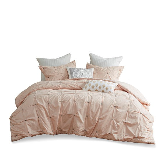 3 Piece Elastic Embroidered Cotton Duvet Cover Set King Pink Cotton