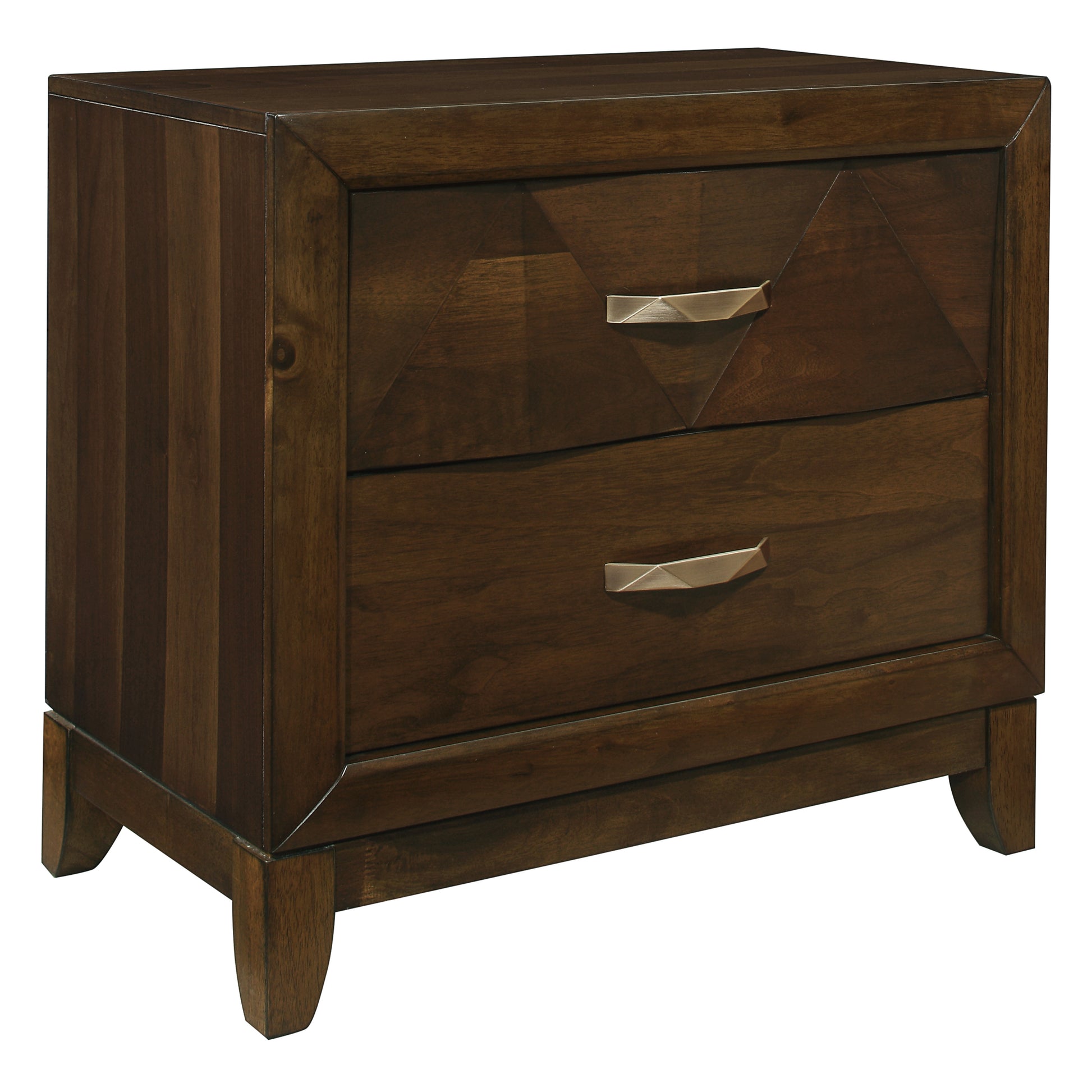 Modern Bedroom Walnut Finish 1Pc Nightstand Of 2 Drawers Decorative Angled Front Satin Brass Tone Handles Wooden Furniture Bedside Cabinet Walnut 2 Drawers Bedroom Contemporary,Modern Wood