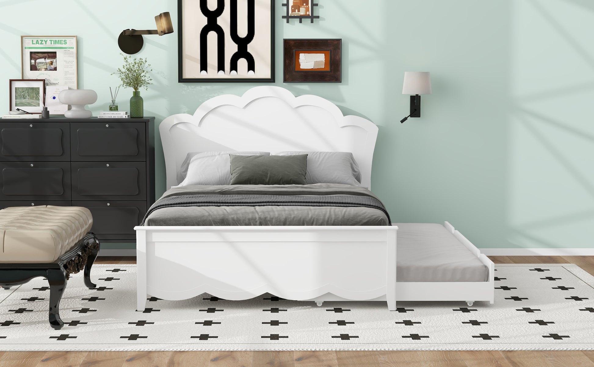 Full Size Wood Platform Bed With Headboard And Twin Size Trundle, White Box Spring Not Required Full White Wood Bed Frame Solid Wood Mdf