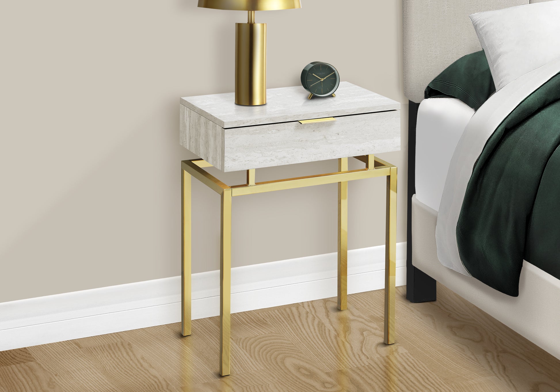 Accent Table, Side, End, Nightstand, Lamp, Storage Drawer, Living Room, Bedroom, Beige Marble Look Laminate, Gold Metal, Contemporary, Modern Beige Particle Board