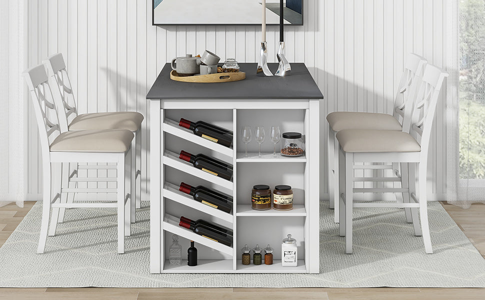 Updated Counter Height 5 Piece Solid Wood Dining Table Set, 59*35.4Inch Table With Curved Wine Rack And 4 Upholstered Chairs, White Wood Dining Room Solid Wood Rubberwood Rectangular Dining Table With Chair Wood Wood White Solid Back Seats 4 Farmhouse 4