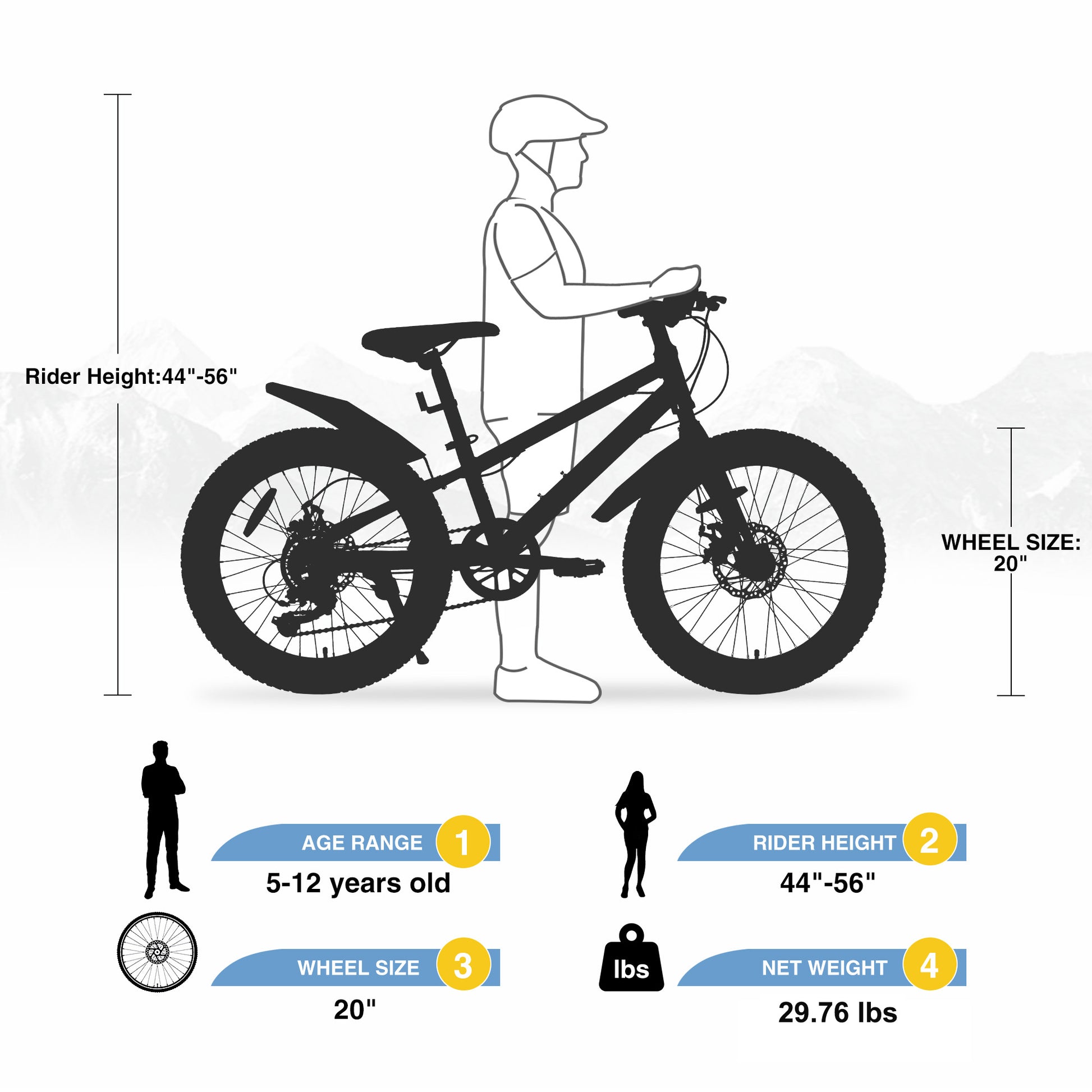 20 Inch Kids Bicyclesfat Tire Mountain Bike For Boys And Girls Age 5 Years ,Dual Disc Brake,Shimano 7 Speed ,Kids Beach And Snow Bicycle Blue Steel