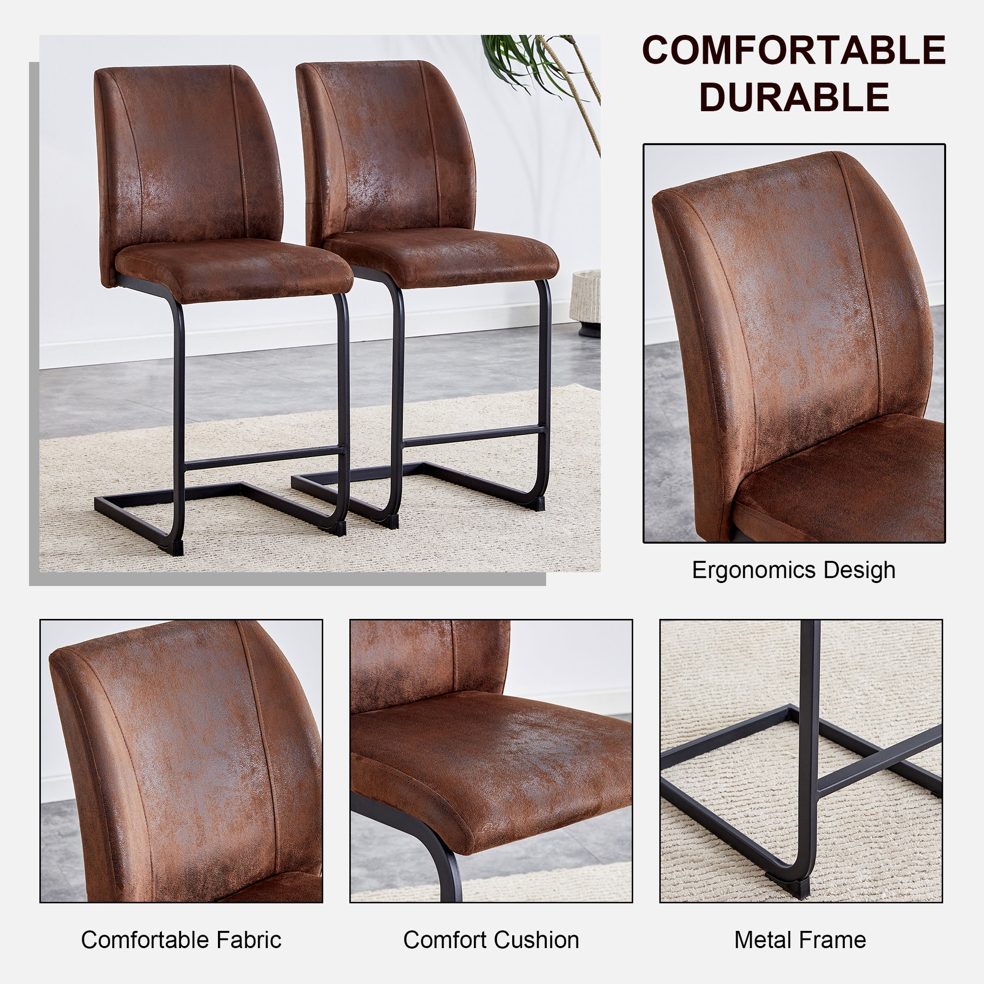 A Set Of Two Brown Chairs, Including Suede Cushions And Black Metal Legs. Small Size, Suitable For Select Groups, Suitable For Dining Room, Kitchen, Terrace And Guest Office Chairs Set Of 2 Black Brown Metal