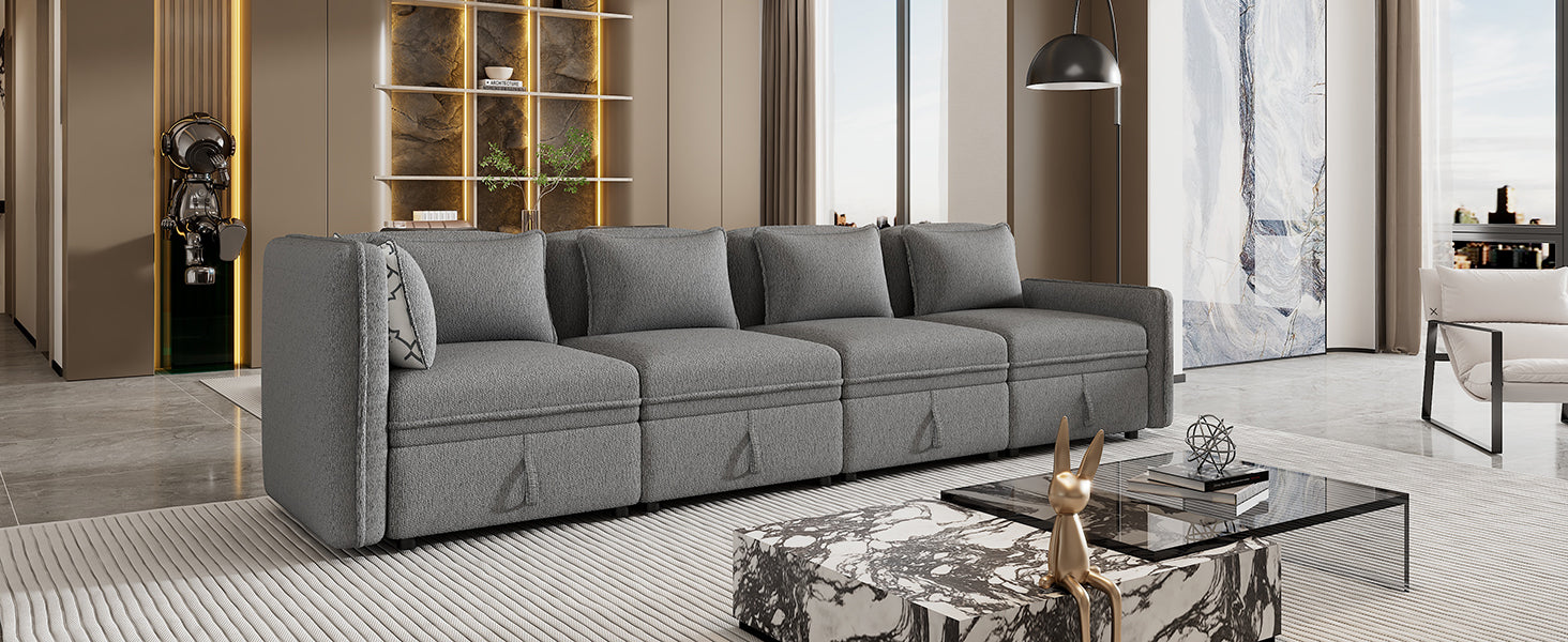 122.8" Convertible Modular Minimalist Sofa Free Combination 4 Seater Sofa Chenille Fabric Sectional Sofa With 5 Pillows For Living Room, Office, Apartment, Small Space, Gray Gray Foam Chenille 4 Seat