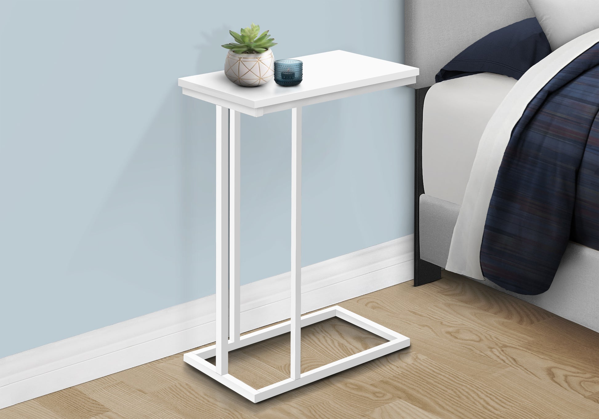 Accent Table, C Shaped, End, Side, Snack, Living Room, Bedroom, White Laminate, White Metal, Contemporary, Modern White Mdf