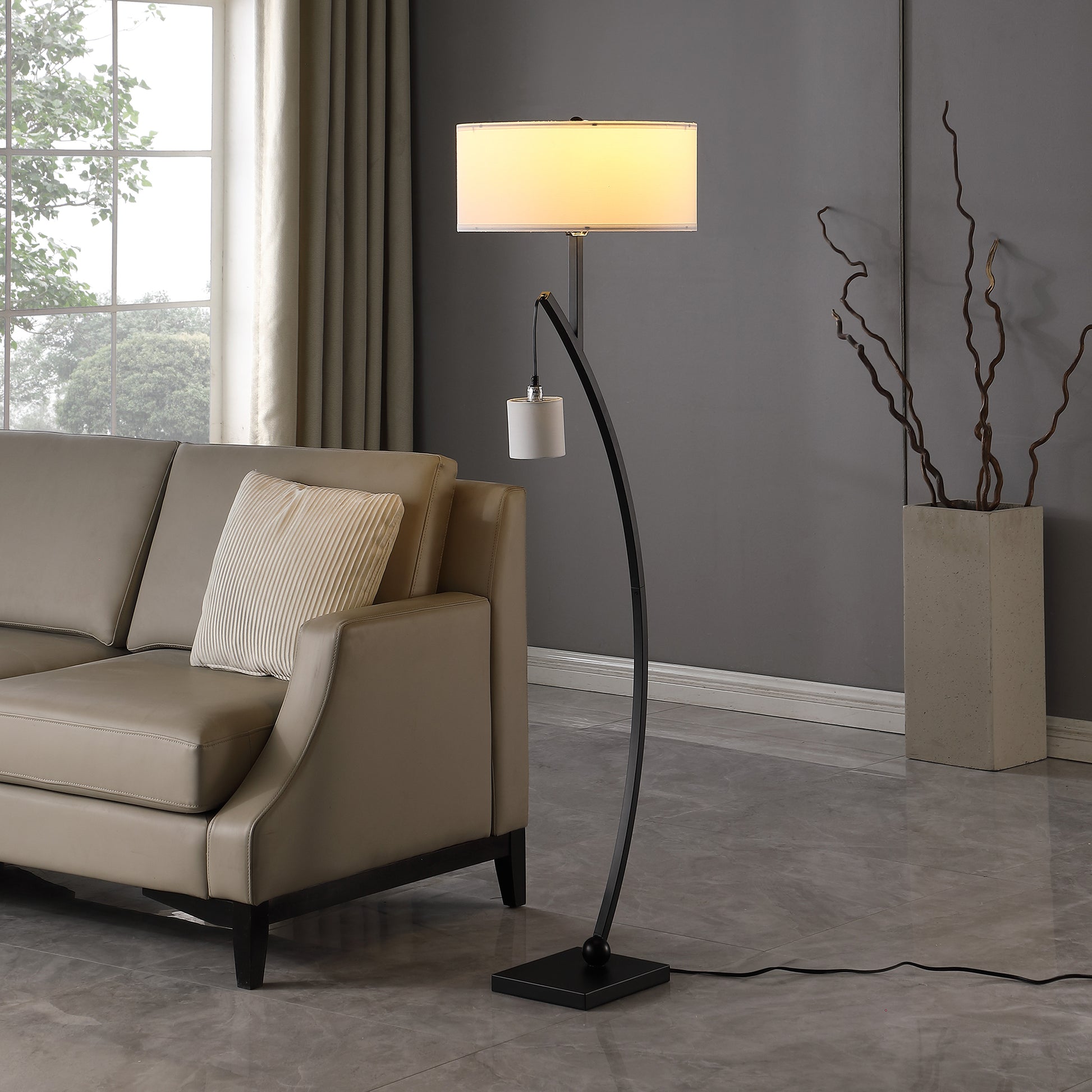 59" In Contemporary Dual Black Arc W Hanging Pendelum Lamp Metal Floor Lamp Matte Black Fabric Metal