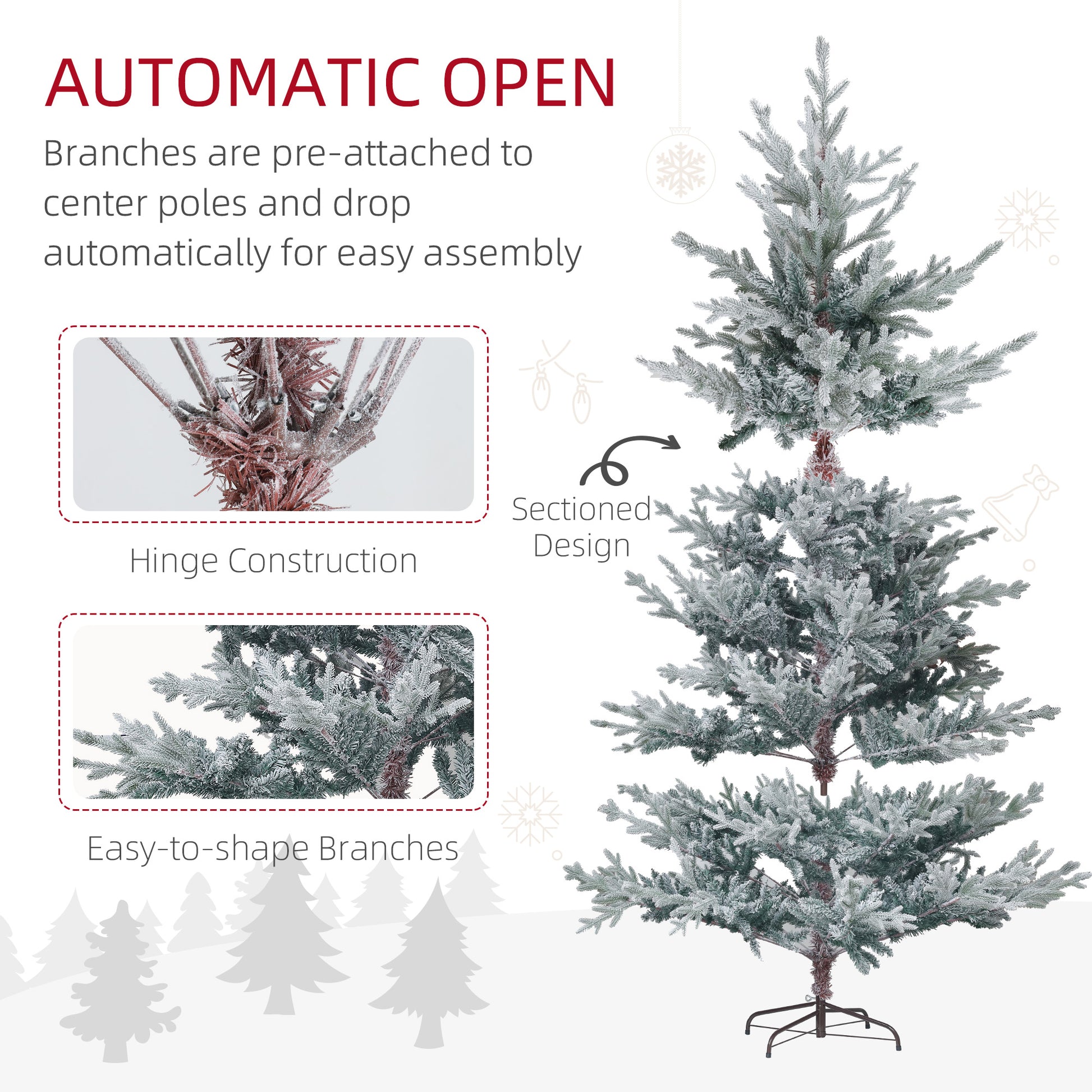 Homcom 7.5Ft Nordic Pine Artificial Christmas Tree With 1218 Snow Flocked Tips, Foldable Metal Stand, Easy Assembly, Hinged Xmas Tree For Home Office Holiday Green Plastic