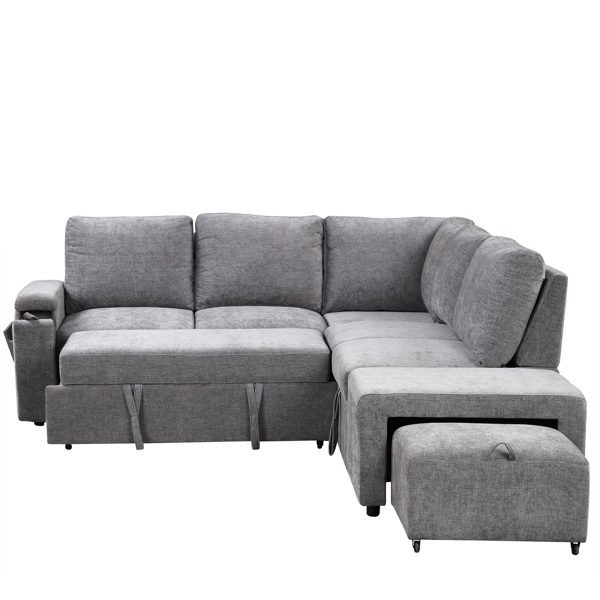 L Shaped Padded Modular Sofa With Storage Space, Usb Ports, And Cup Holders On The Armrests, Suitable For Living Rooms, Offices, And Apartments. Gray Wood Polyester 5 Seat