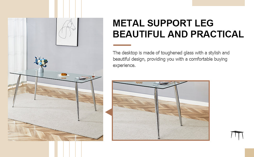 Table And Chair Set.Modern Rectangular Glass Dining Table With Tempered Glass Countertop And Silver Metal Legs, Paired With Multiple Transparent High Quality Pet Dining Chairs With Silver Legs. Silver Seats 8 Tempered Glass