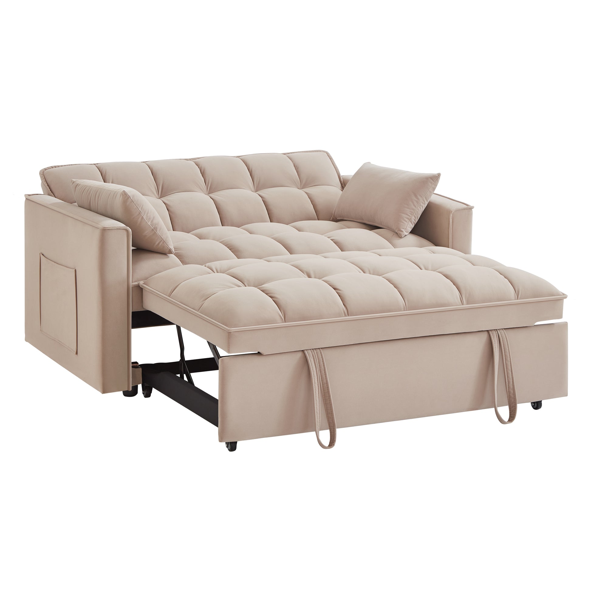 4 In1 Loveseat Sofa Bed With Armrests & Storage Pockets, Multi Function Tufted Pull Out Sofa Bed With Adjustable Backrest And Pillows, Convertible Loveseat Sofa Couch,Taupe Taupe Velvet Primary Living Space Medium Soft Tufted Back American