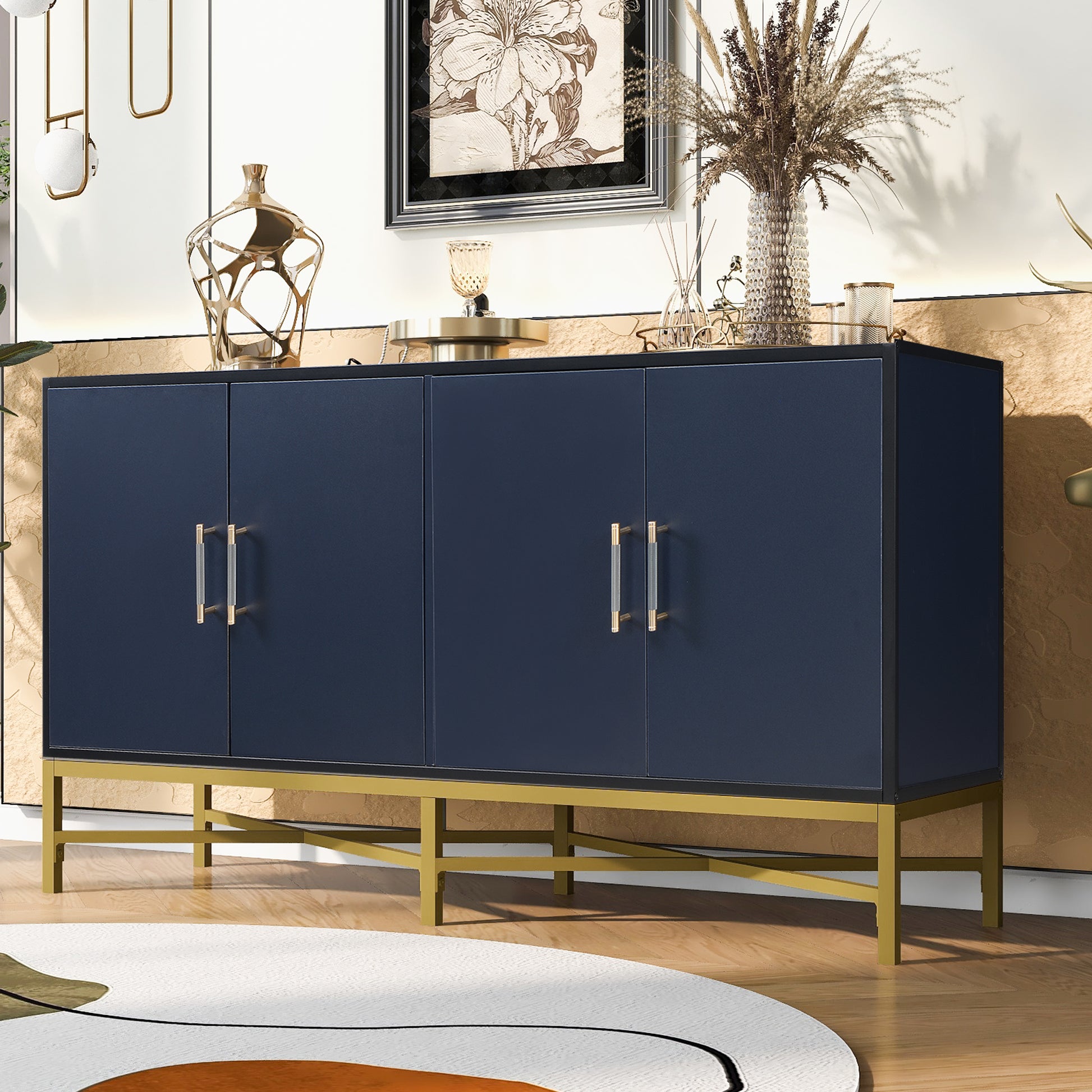 Distinctive Features Of Four Door Sideboard With Metal And Cross Leg Design,Suitable For Living Rooms,Entrance And Study Navy Blue American Design Mdf