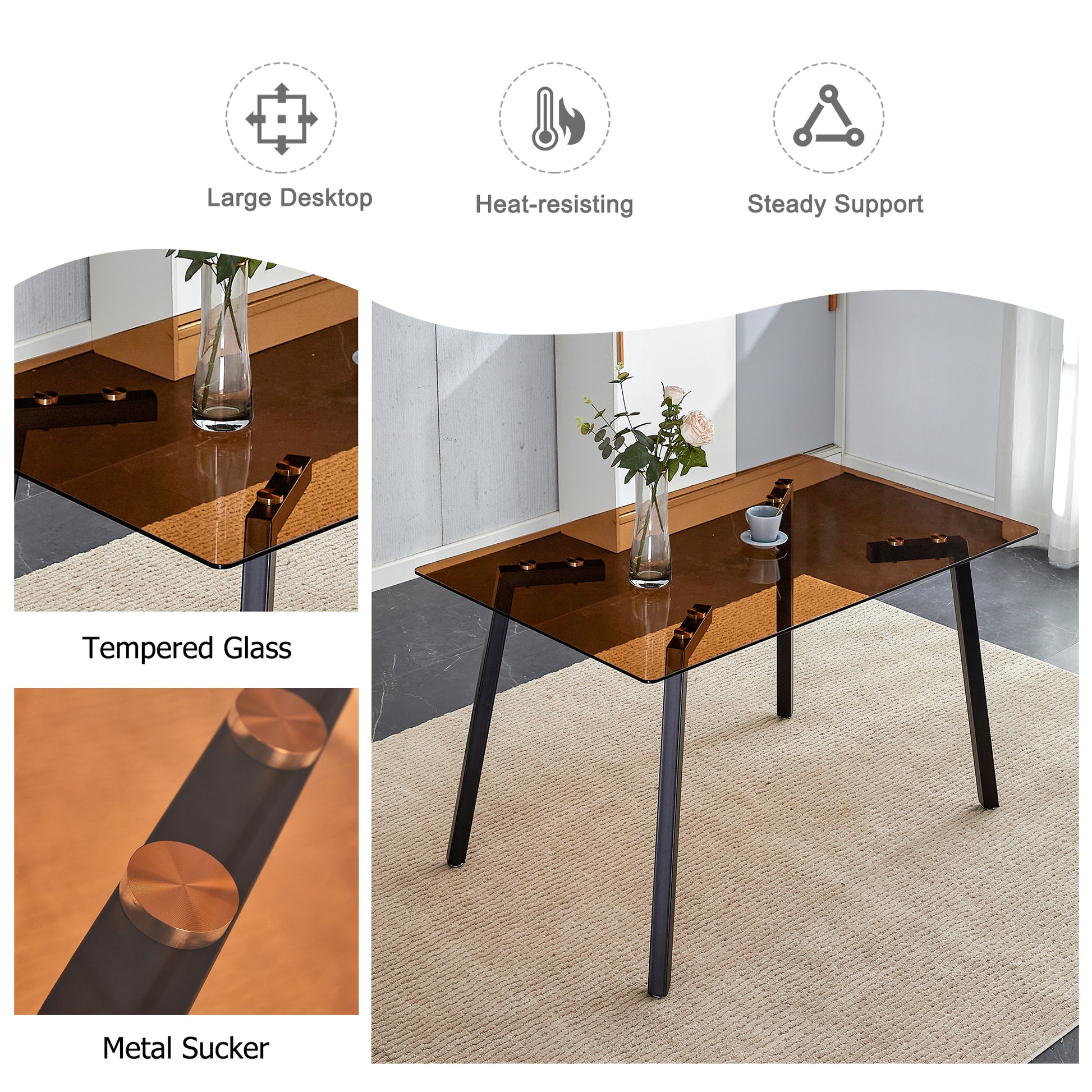 Table And Chair Set.Dark Brown Tempered Glass Tabletop, Black Metal Legs, Dining Table, Work Desk,Dark Brown Transparent Dining Chair. Suitable For Dining Room, Is A Good Choice For Families. Dark Brown Seats 6 Glass