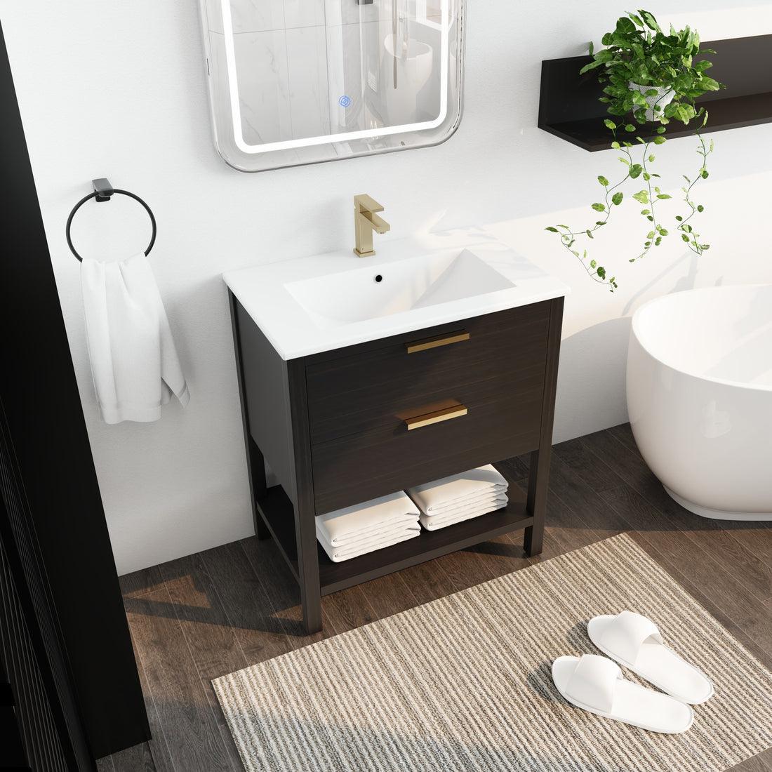30 Inch Bathroom Vanity With Sink And 2 Soft Close Drawers, Golden Handle Bvb01030Bctg Bl9075B Black Chestnut Bathroom Modern Plywood