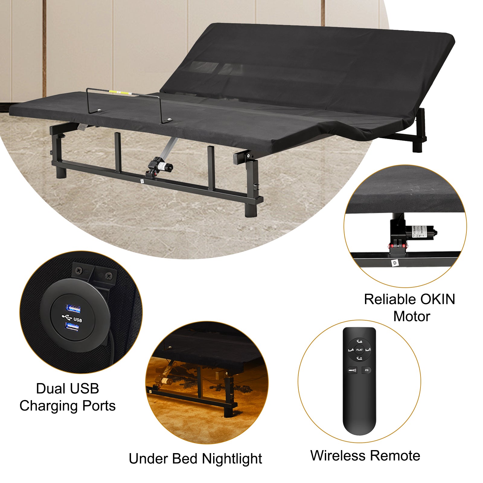 Adjustable Bed Base Frame Queen Bed Frame With Head And Foot Incline Wireless Remote 4 Ports Usb, Under Bed Nightlights, Zero Gravity Quiet Motor Black Queen Queen Antique Black Bedroom Adjustable