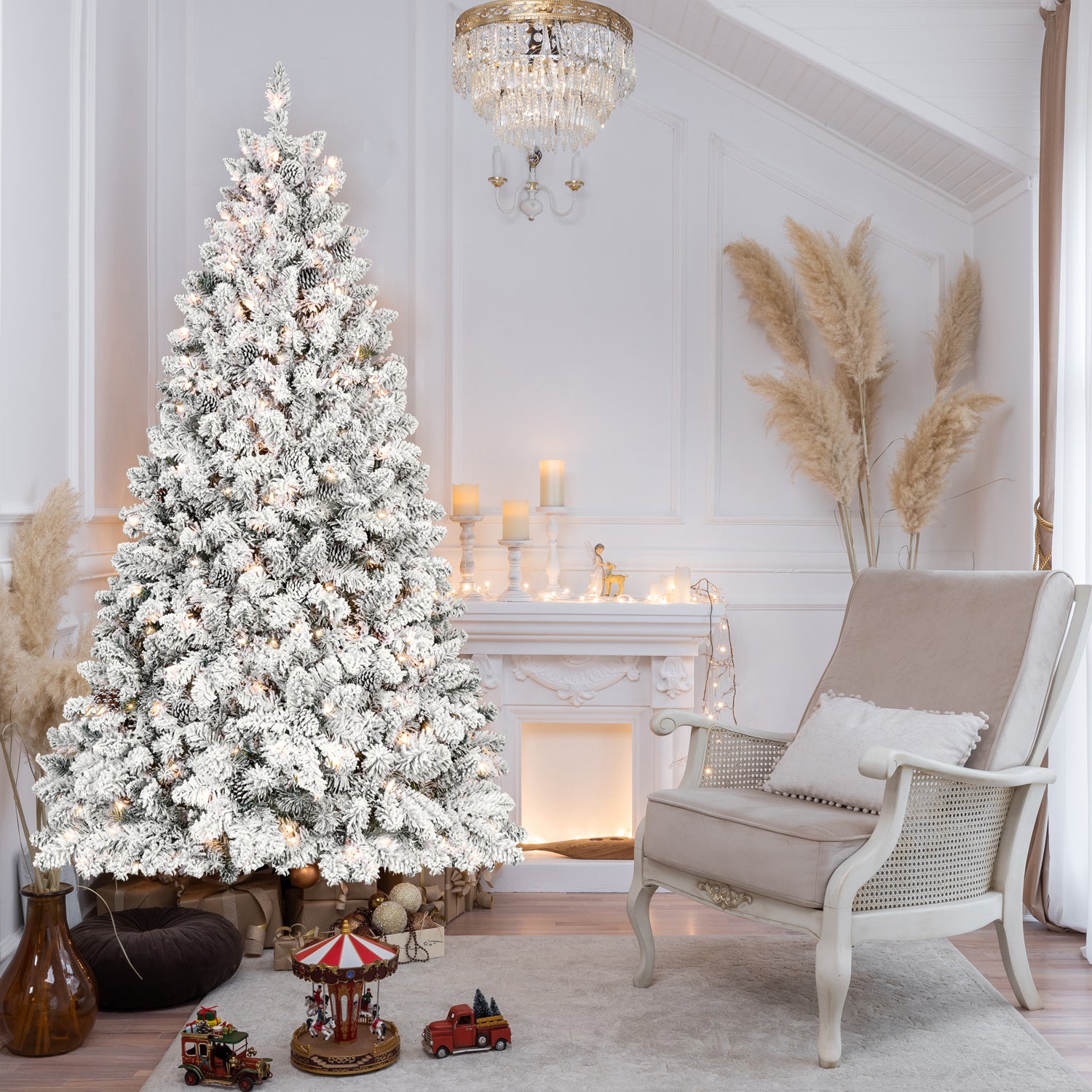 8Ft Snow Flocked Artificial Christmas Tree With Pine Cones, Prelit Xmas Trees, Hinged Easy Assembly & Reinforced Metal Base Ideal For Indoor & Outdoor Festive Decorations White Polyvinyl Chloride