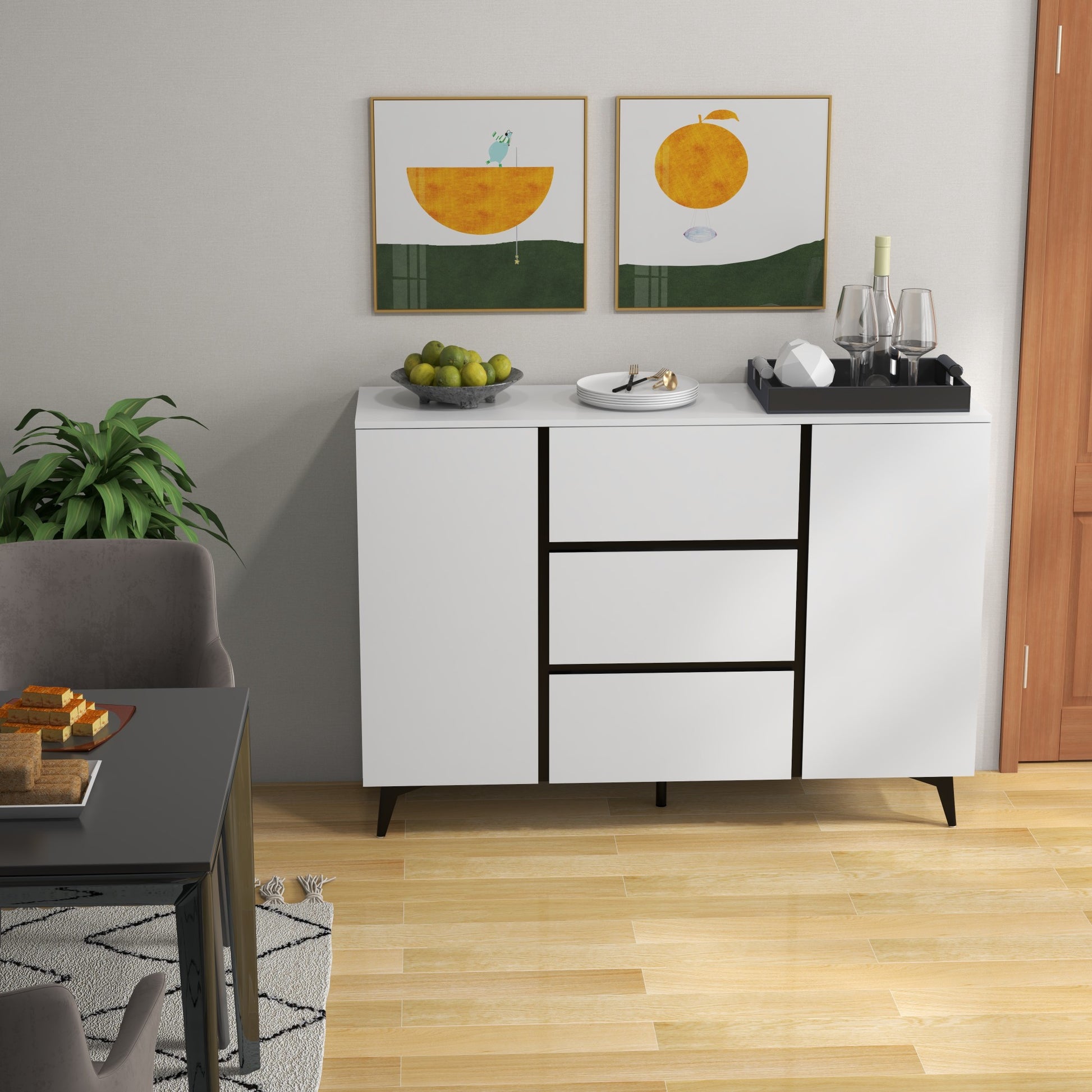 3 Drawers And 2 Doors Light Luxury Sideboard Buffet Cabinet White Wood