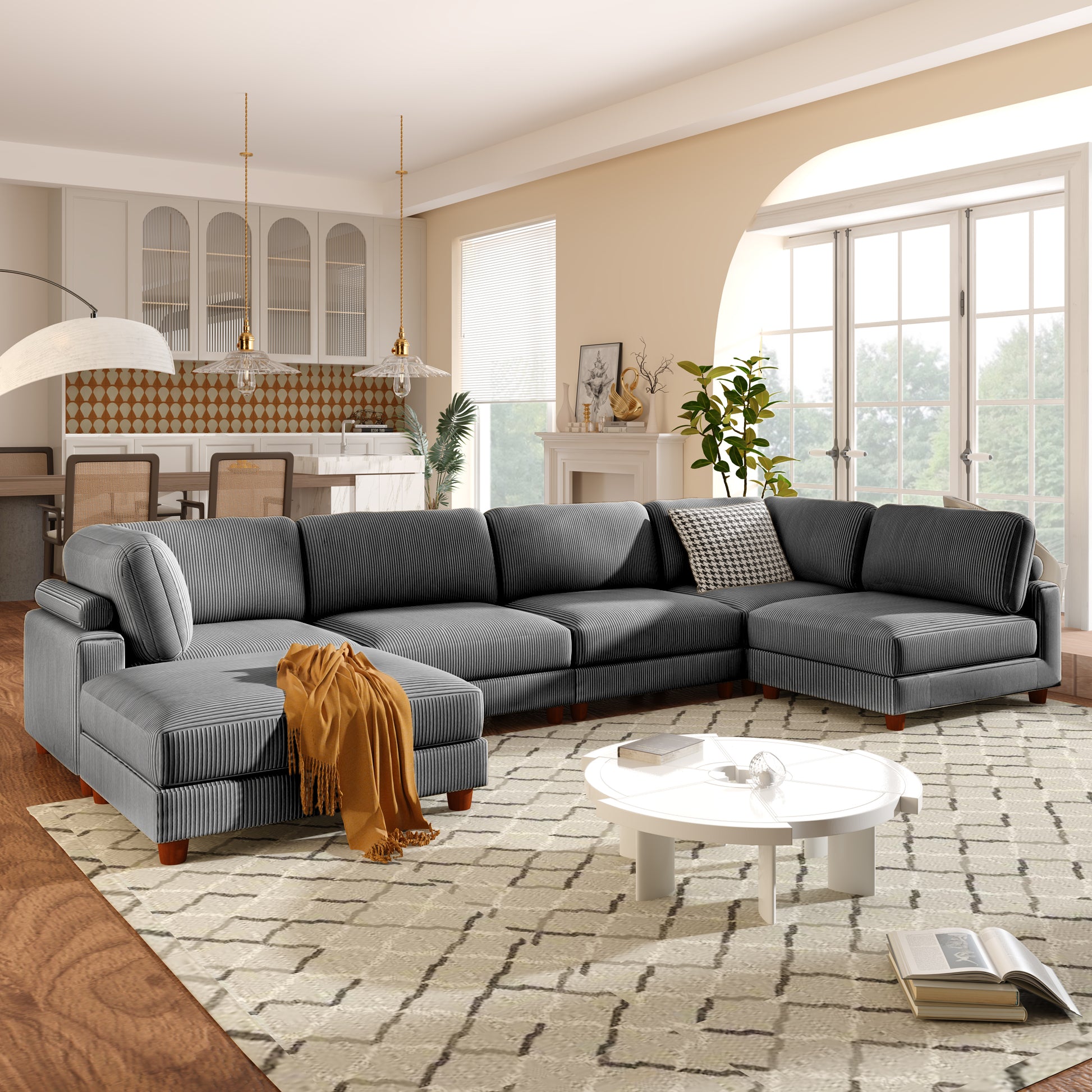 163''Modular Sectional Sofa,With Ottoman L Shaped Corner Sectional For Living Room,Office, Apartment 6 Seater Grey Polyester 6 Seat