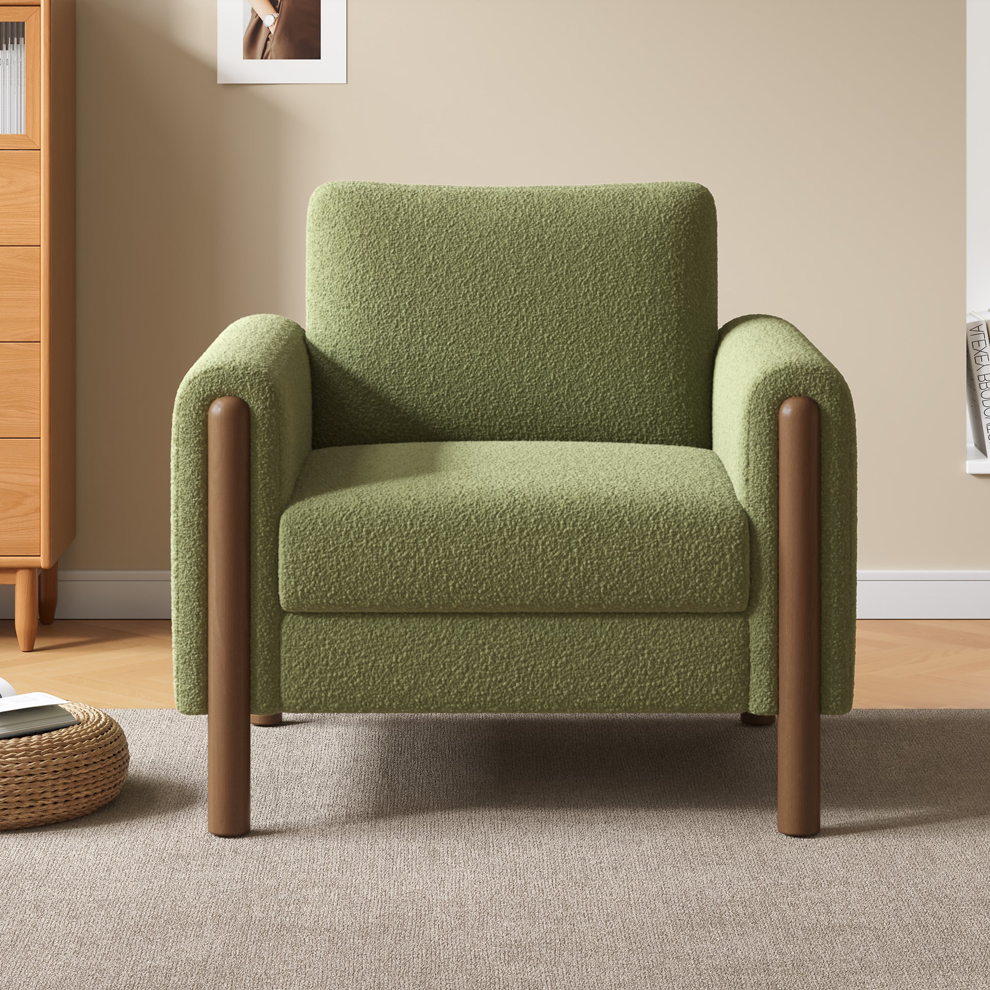 Oversized Accent Chair, Upholstered Living Room Chairs Single Sofa Chair With Walnut Legs, Curved Handrail, Green Green Teddy