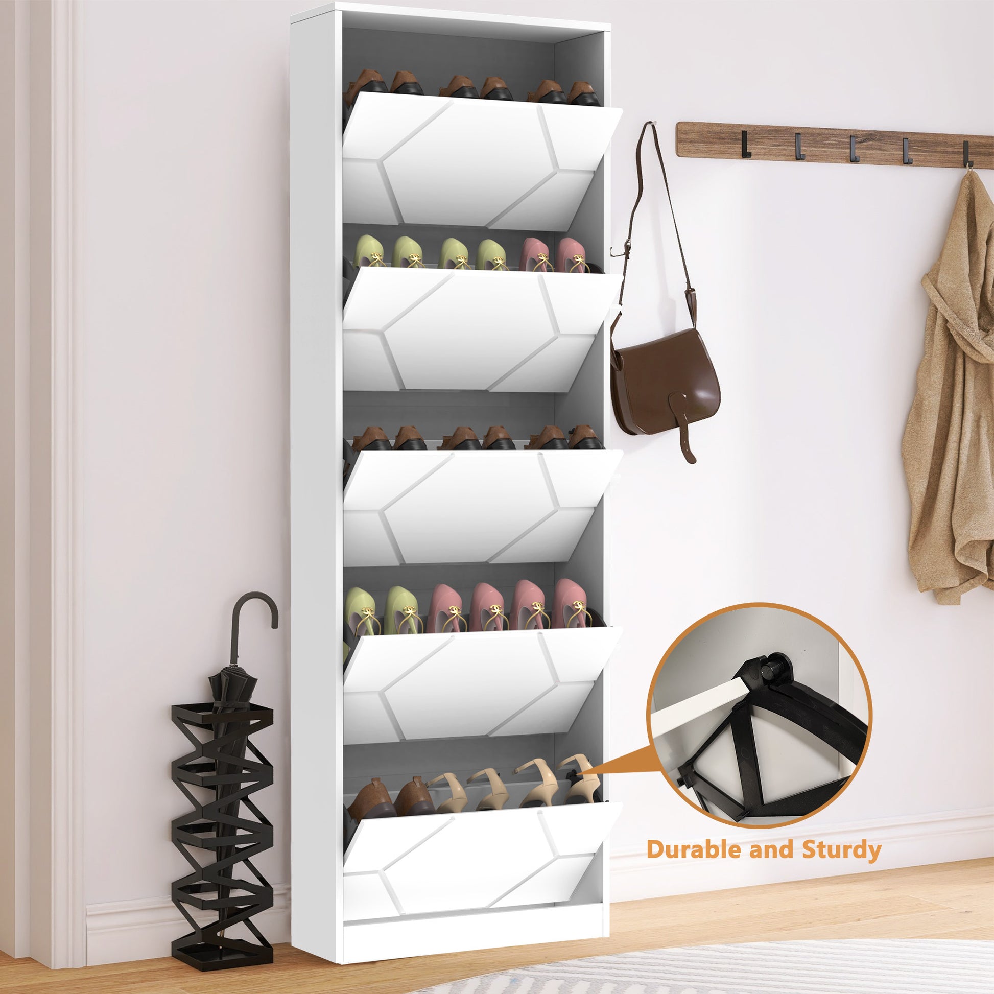 Shoe Storage Cabinet For Entryway, 5 Tiers Shoe Organizer With Carved Panels, Carving Shoe Closet,Vertical Shoe Cabinet For Front Door Entrance,Outdoor,White Finish Vertical 5 Or More Drawers Distressed Finish White White Modern Mdf