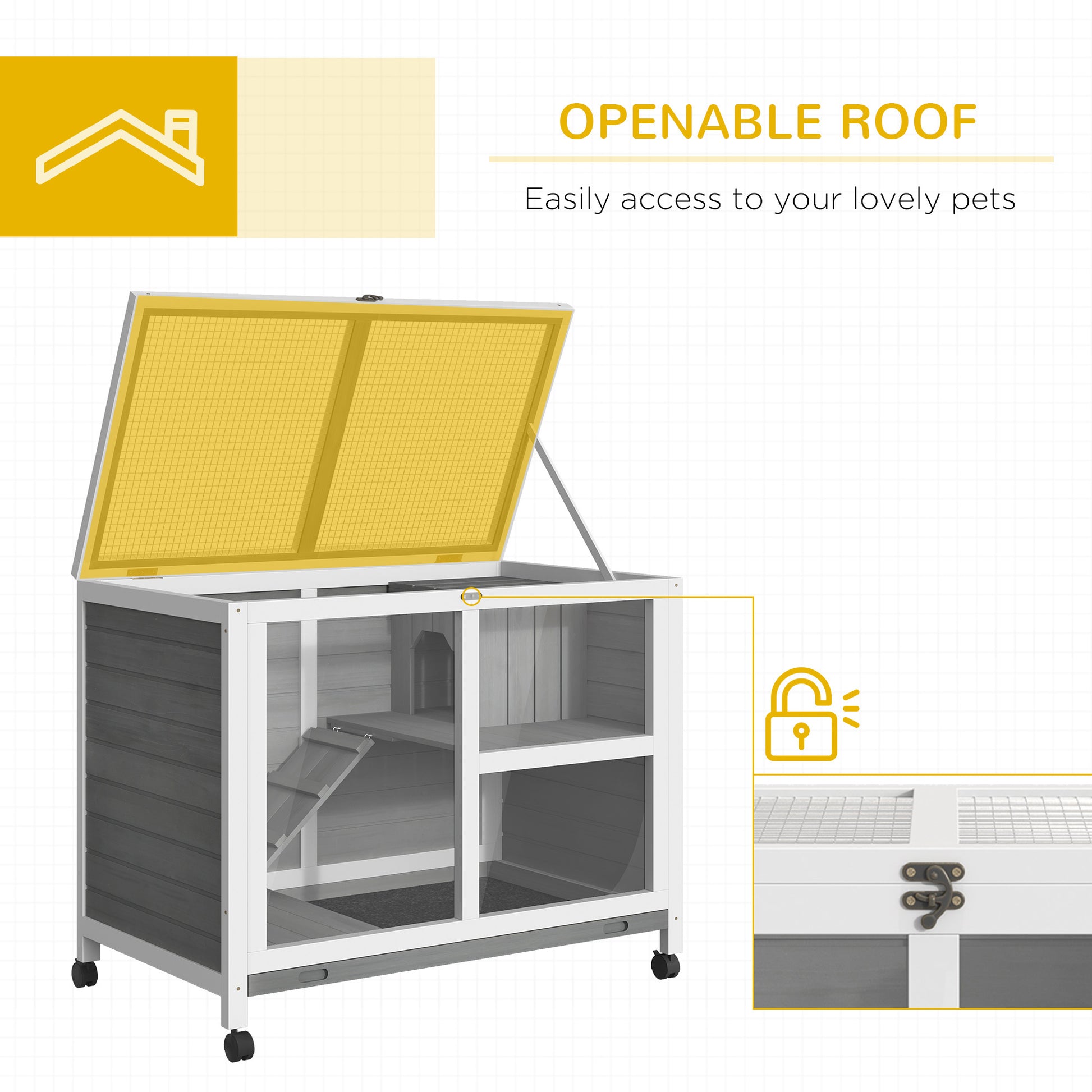 Pawhut Indoor Rabbit Hutch With Wheels, Desk And Side Table Sized, Wood Rabbit Cage, Waterproof Small Rabbit Cage, Gray Grey Wood